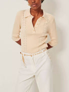 Tapioca Jodi Womens Sessun Knit Shirt Cotton Beige Collared Knitwear