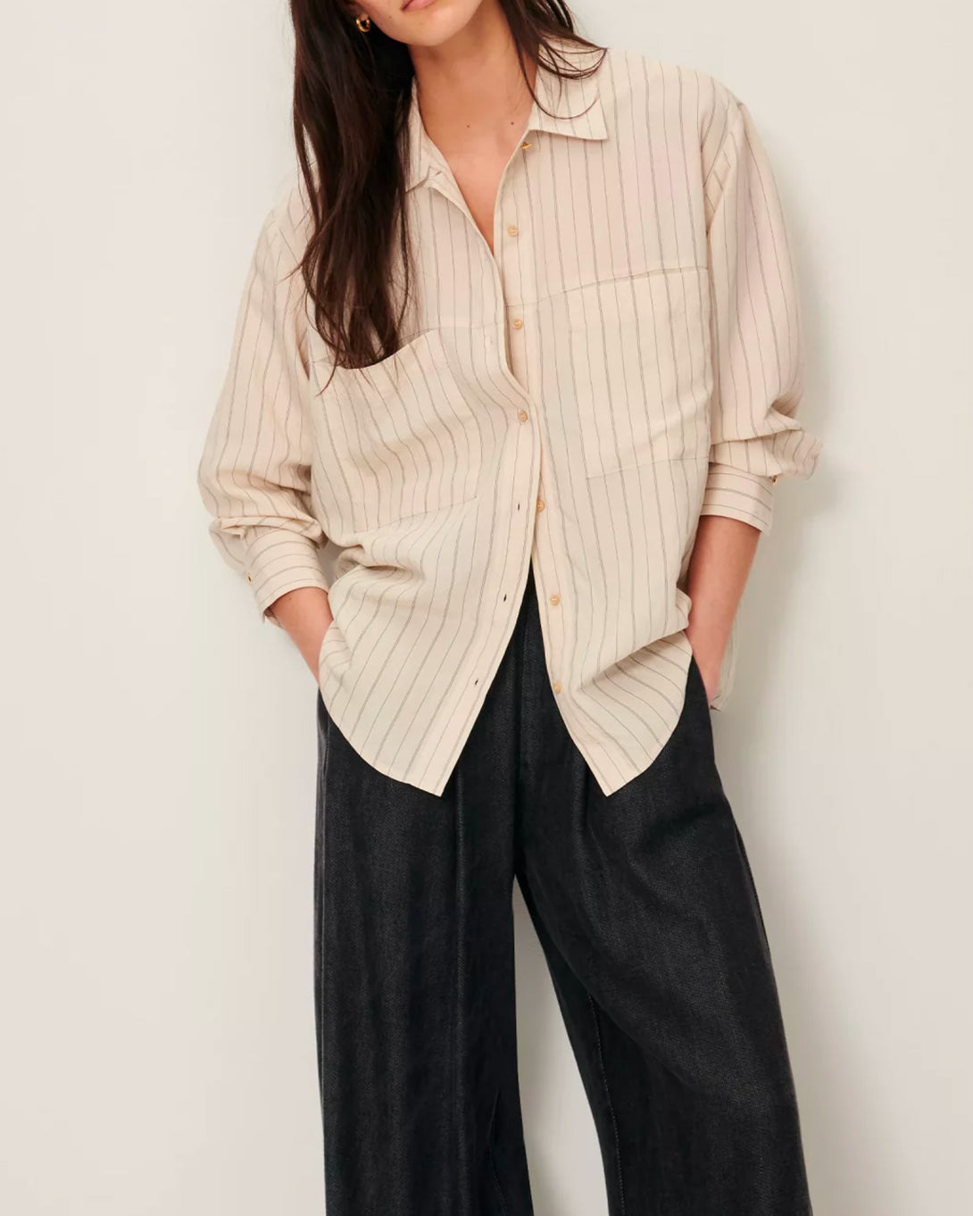 Tapioca San Juan Womens Sessun Button Up Collared Overshirt Striped Casual Woven Shirt