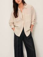 Tapioca San Juan Womens Sessun Button Up Collared Overshirt Striped Casual Woven Shirt