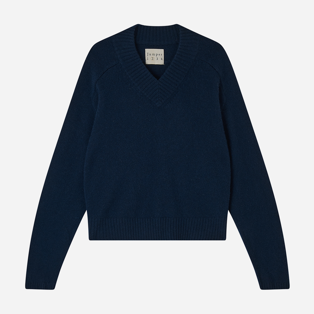 Navy Cropped Oversize Vee Jumper1234 Womens V Neck Cashmere Sweater