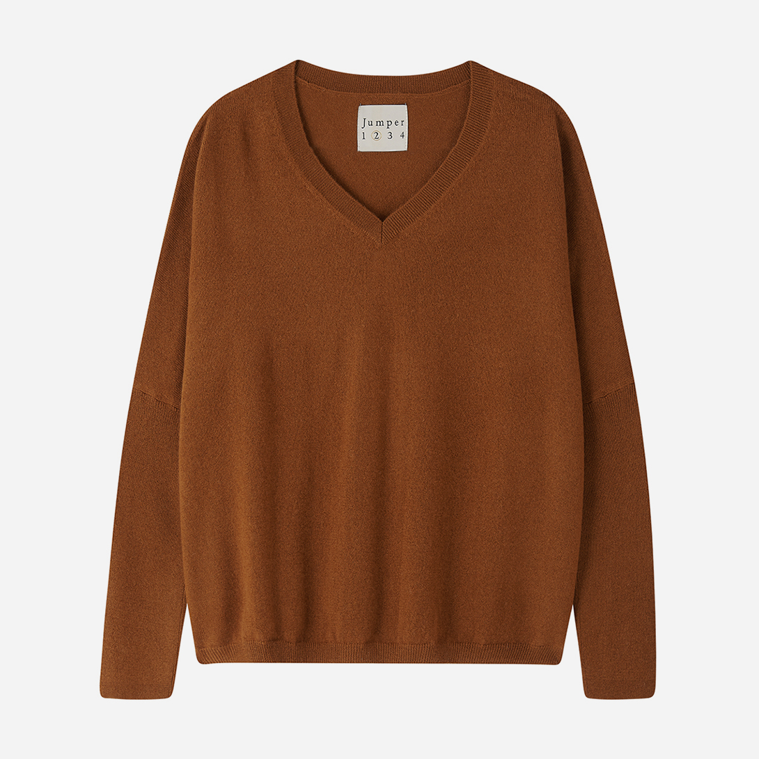 Saddle Brown Oversized Vee Womens Brown V Neck Cashmere Sweater Jumper1234