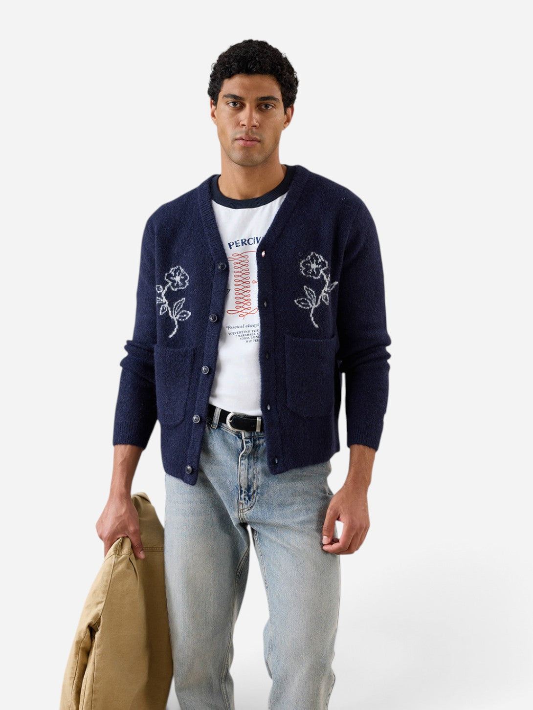 Navy Gibson Jacquard Cardigan Mens Graphic Cardigan Sweater Percival Clothing