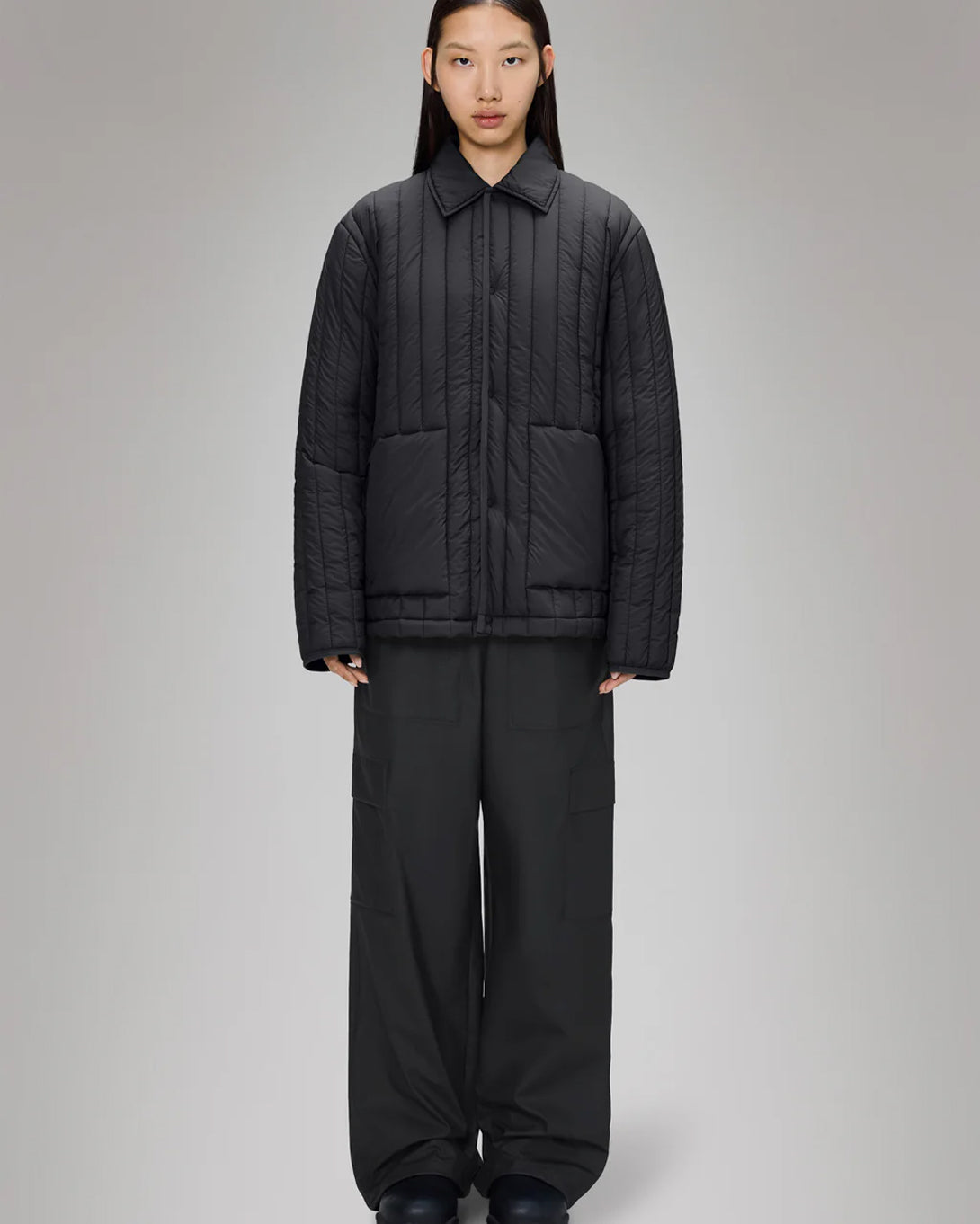 Black Banja Liner Overshirt Rain Button Up Overshirt Black Collared Pockets Womens