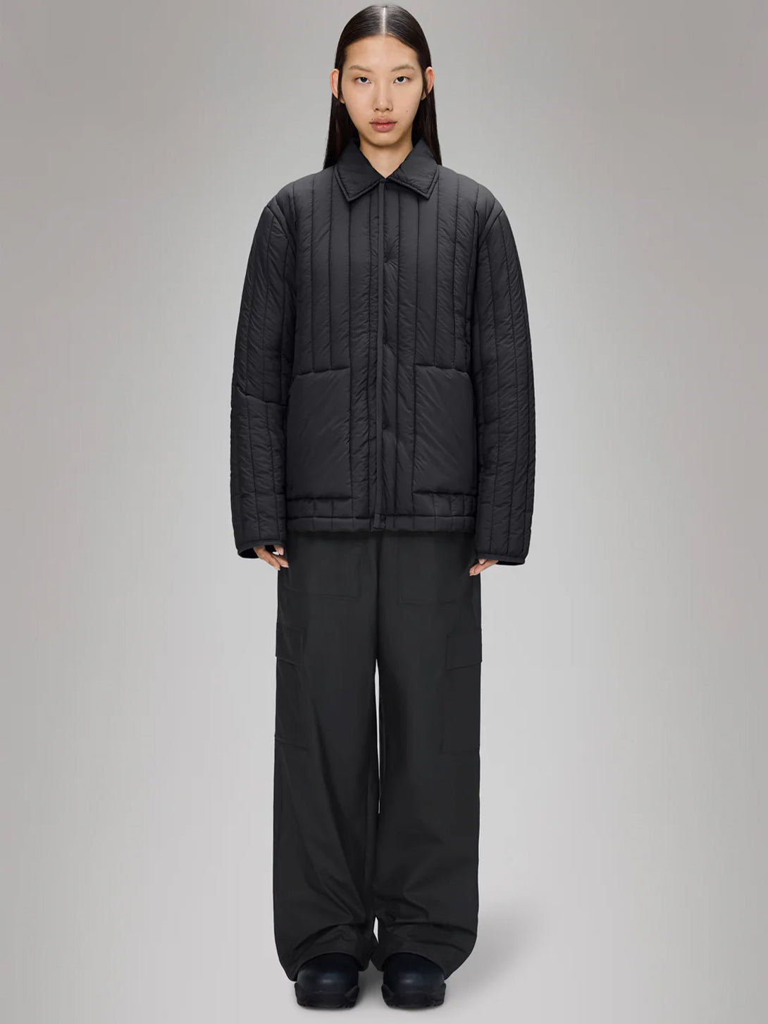 Black Banja Liner Overshirt Rain Button Up Overshirt Black Collared Pockets Womens