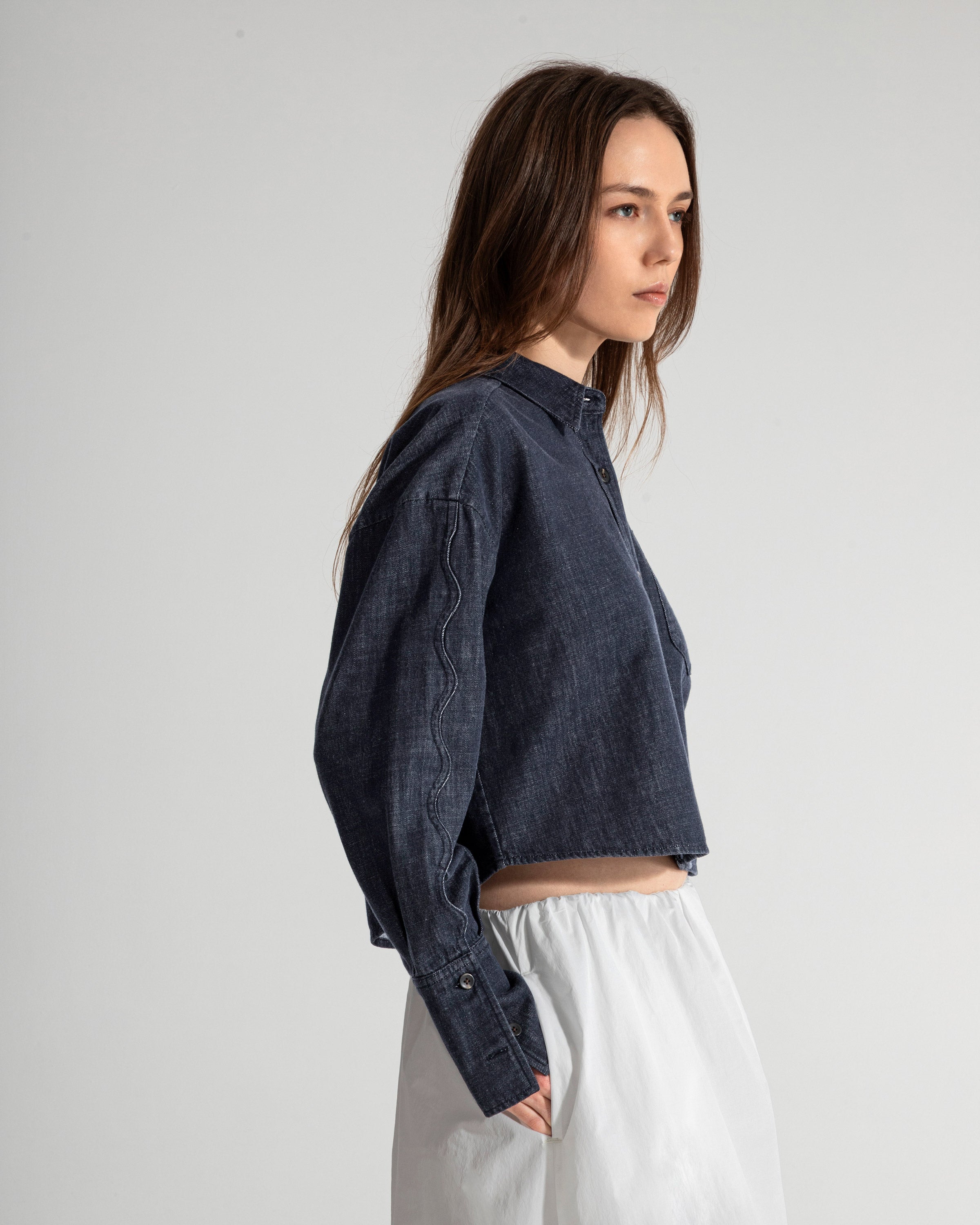 Dk Indigo Motif Sleeve Denim Shirt Womens Cropped Button Up Denim Shirt Long Sleeve Casual Collared Denim Shirt