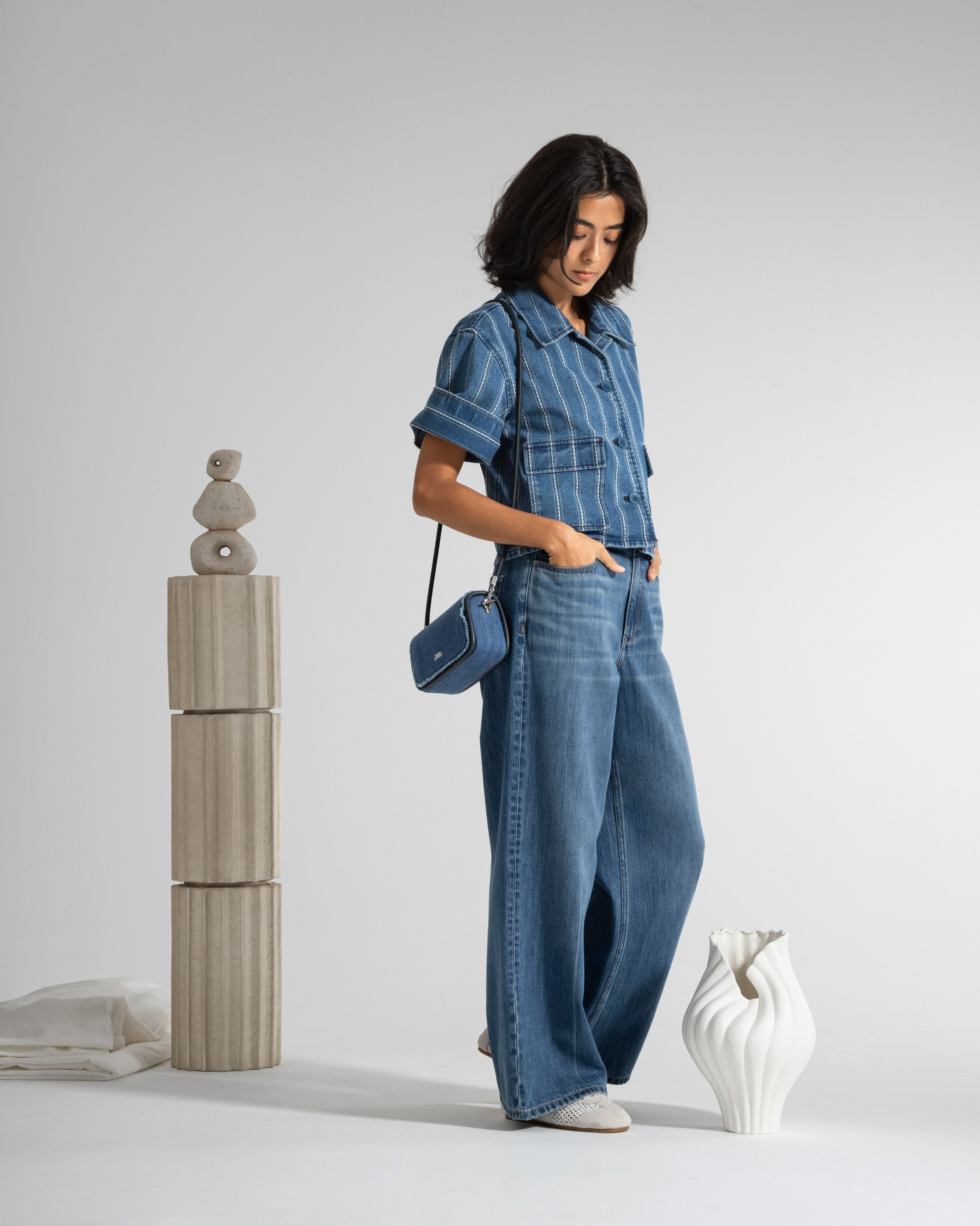 Mid Indigo Stripe Denim SS Jacket Womens Short Sleeve Cropped Denim Jacket Denim Outerwear Future Classics