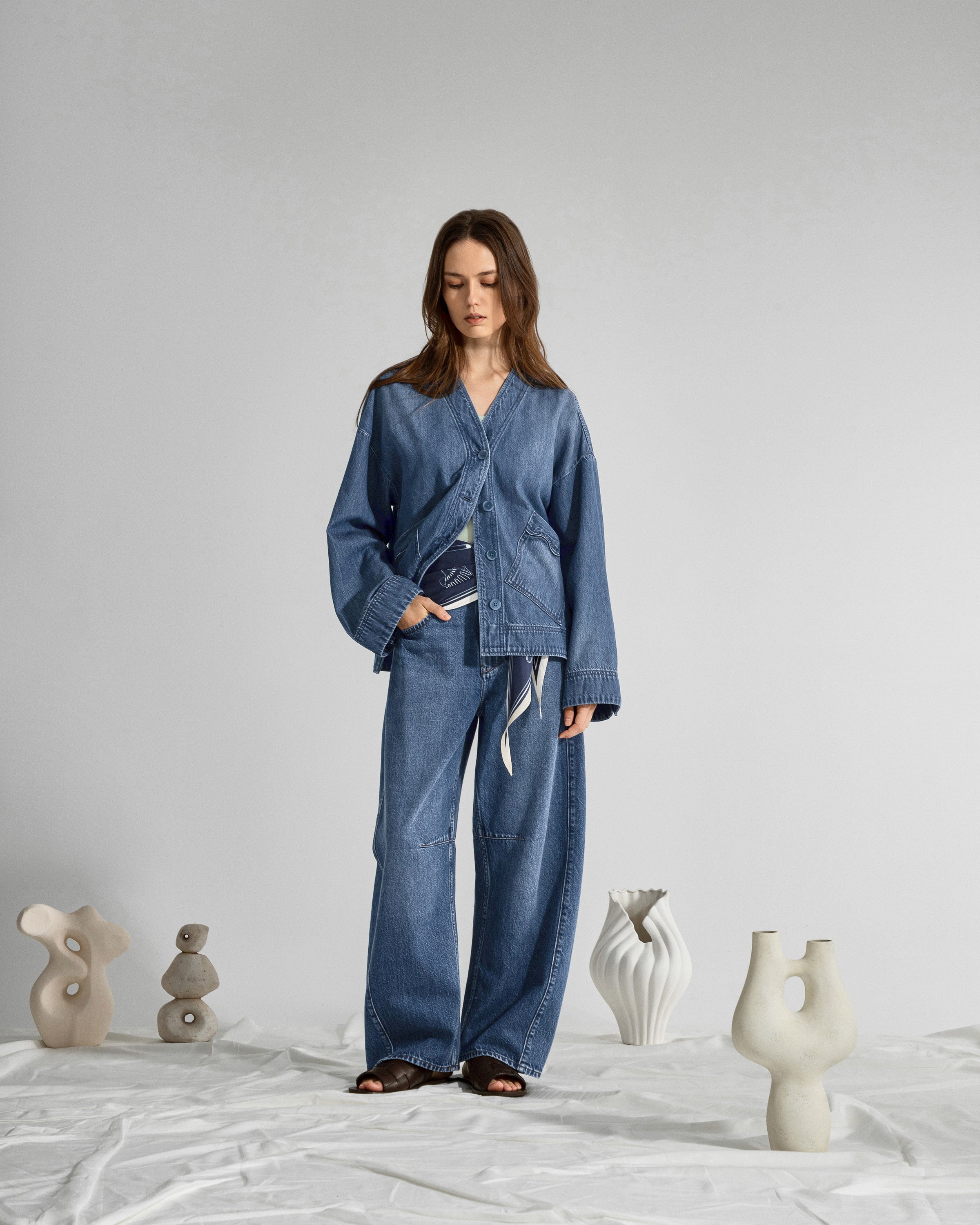 Mid Indigo Motif Sleeve Denim Jacket Womens Denim Lightweight Outerwear Denim Jacket V Neck Denim