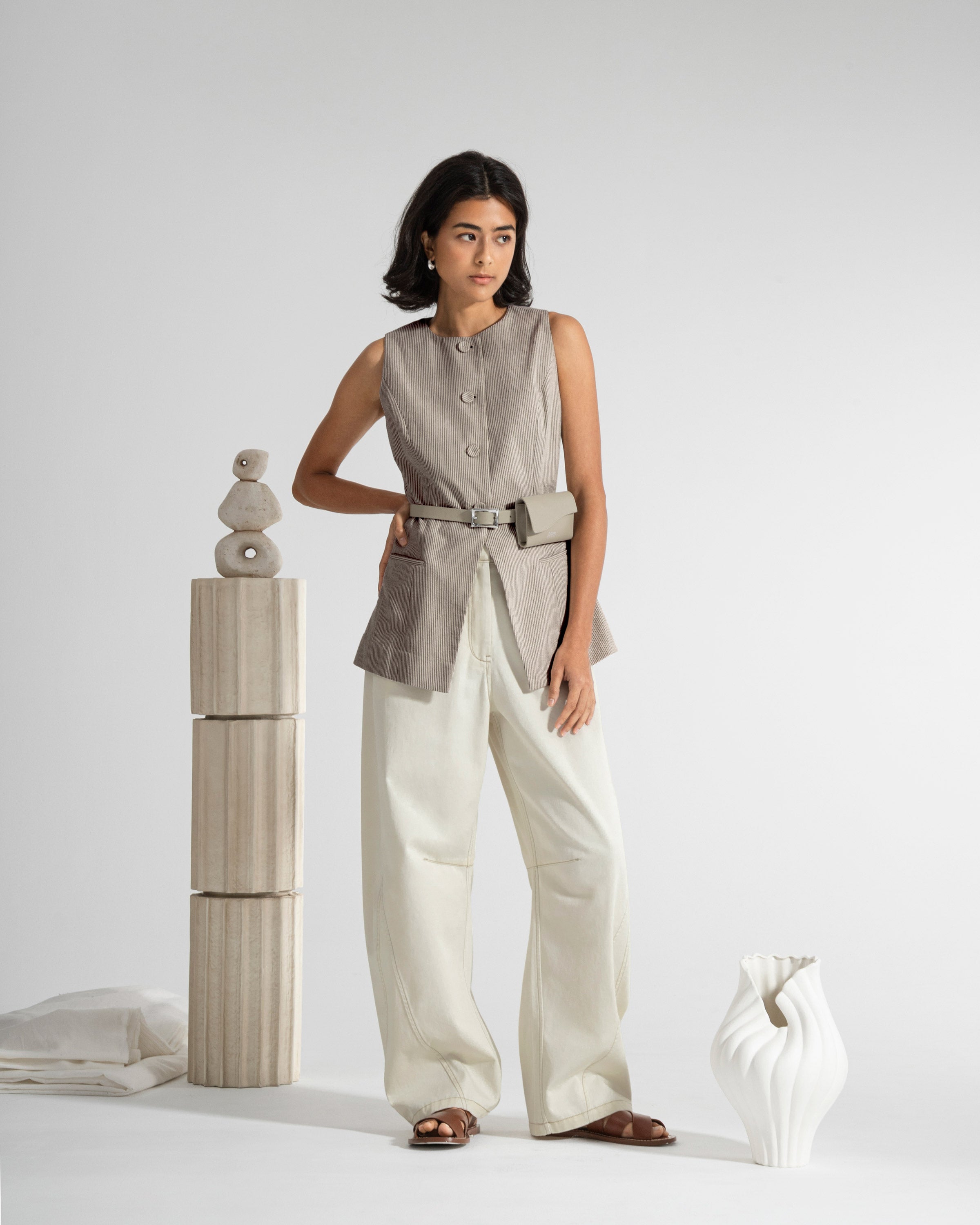 Desert Sand Stripe Striped Waistcoat Womens Long Vest Striped Future Classic Clothing