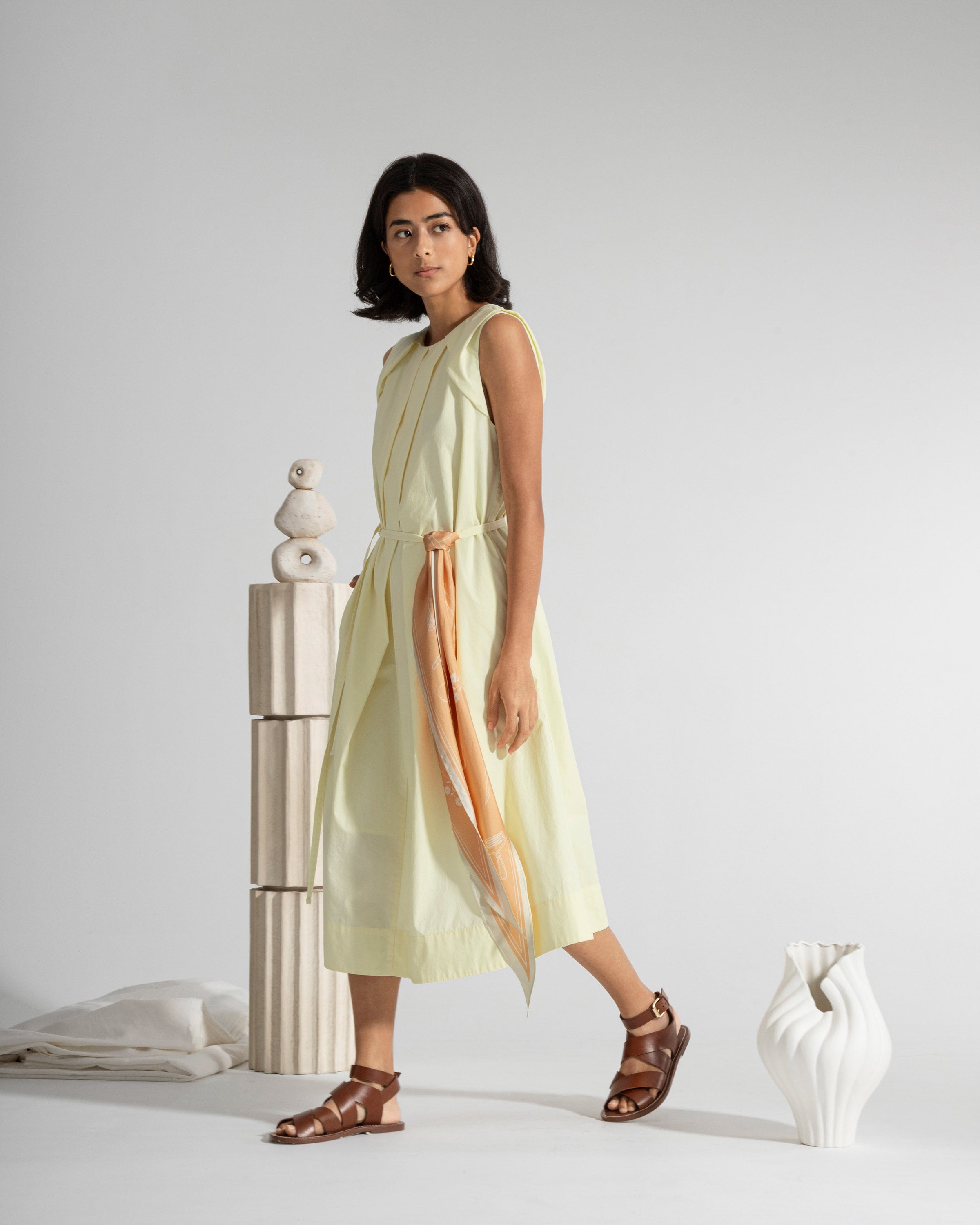 Lemonade Pleated Dress Womens Cotton Long Dress Sleeveless Dress