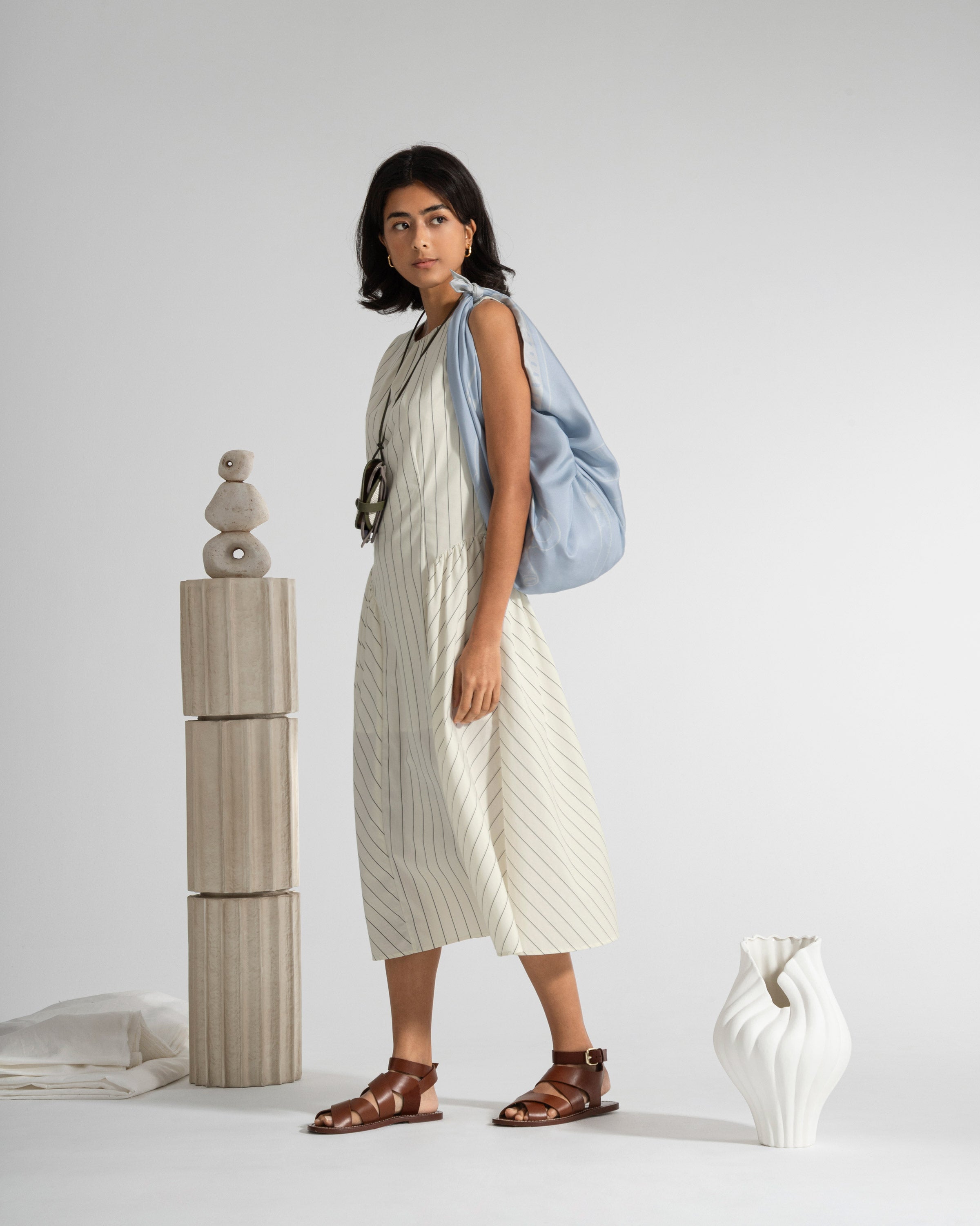 Seedpearl/ Moonless Night Stripe Panel Flared Dress Striped Long Dress Sleeveless Future Classics