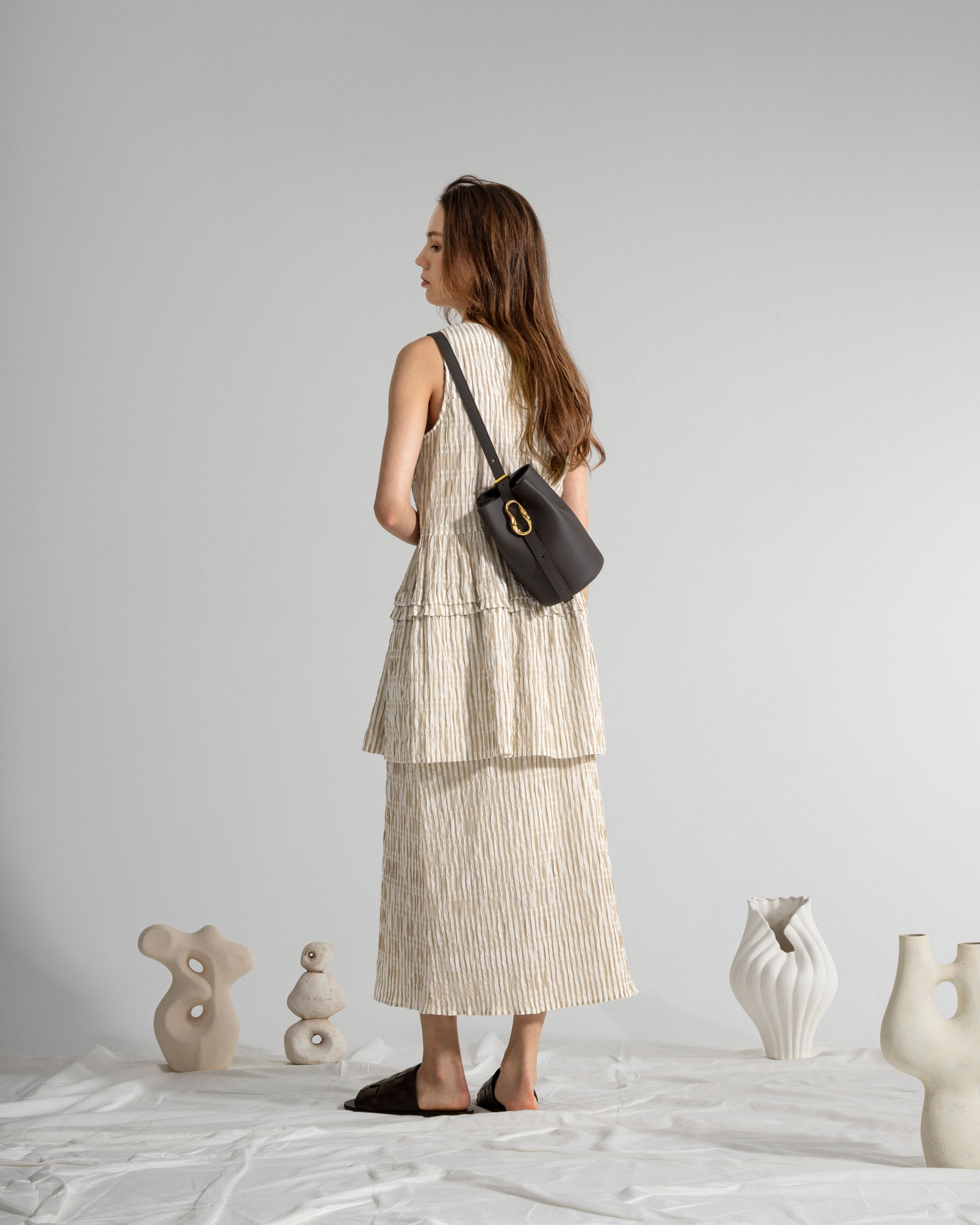 Seedpearl/Desert Sand Stripe Striped Layer Dress Womens Sleeveless Woven Striped Top