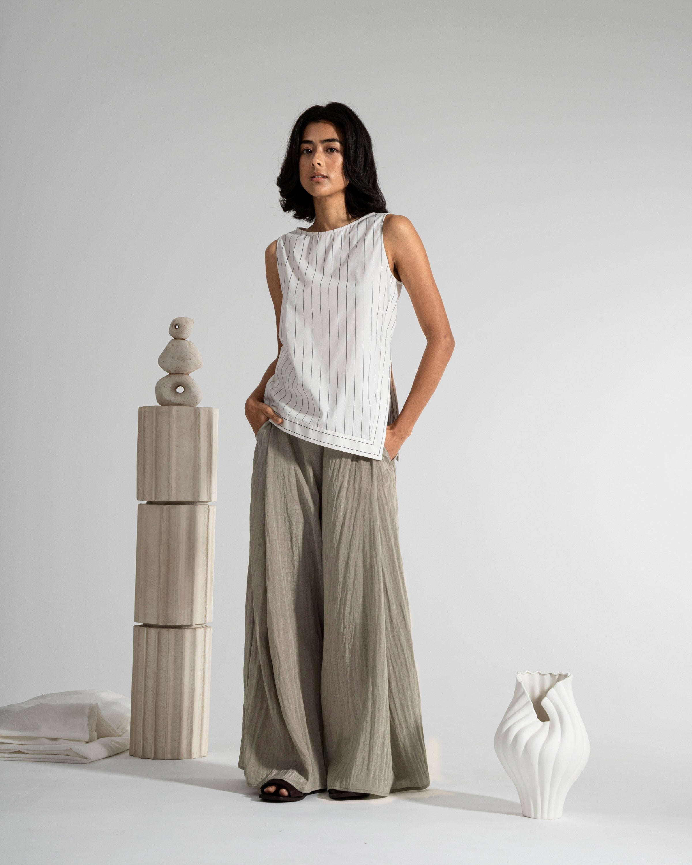 Desert Sage Crinkle Fluid Pants Womens Lightweight Relaxed Fit Elastic Waist Pants