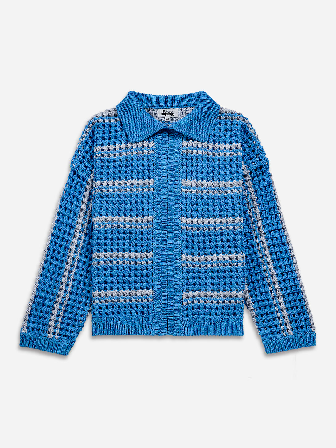 Brilliant Blue Striped Cocoon Cardigan Womens Knit Collared Light Cardigan Striped Pattern