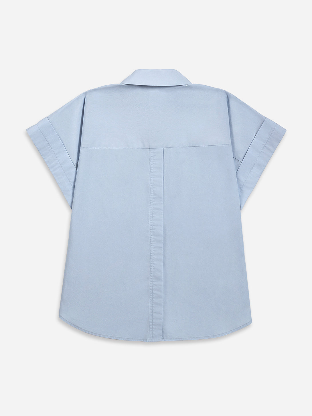 Soft Blue Back Slit SS Shirt Womens Button Up Collared Short Sleeve Shirt Woven Womens Tee