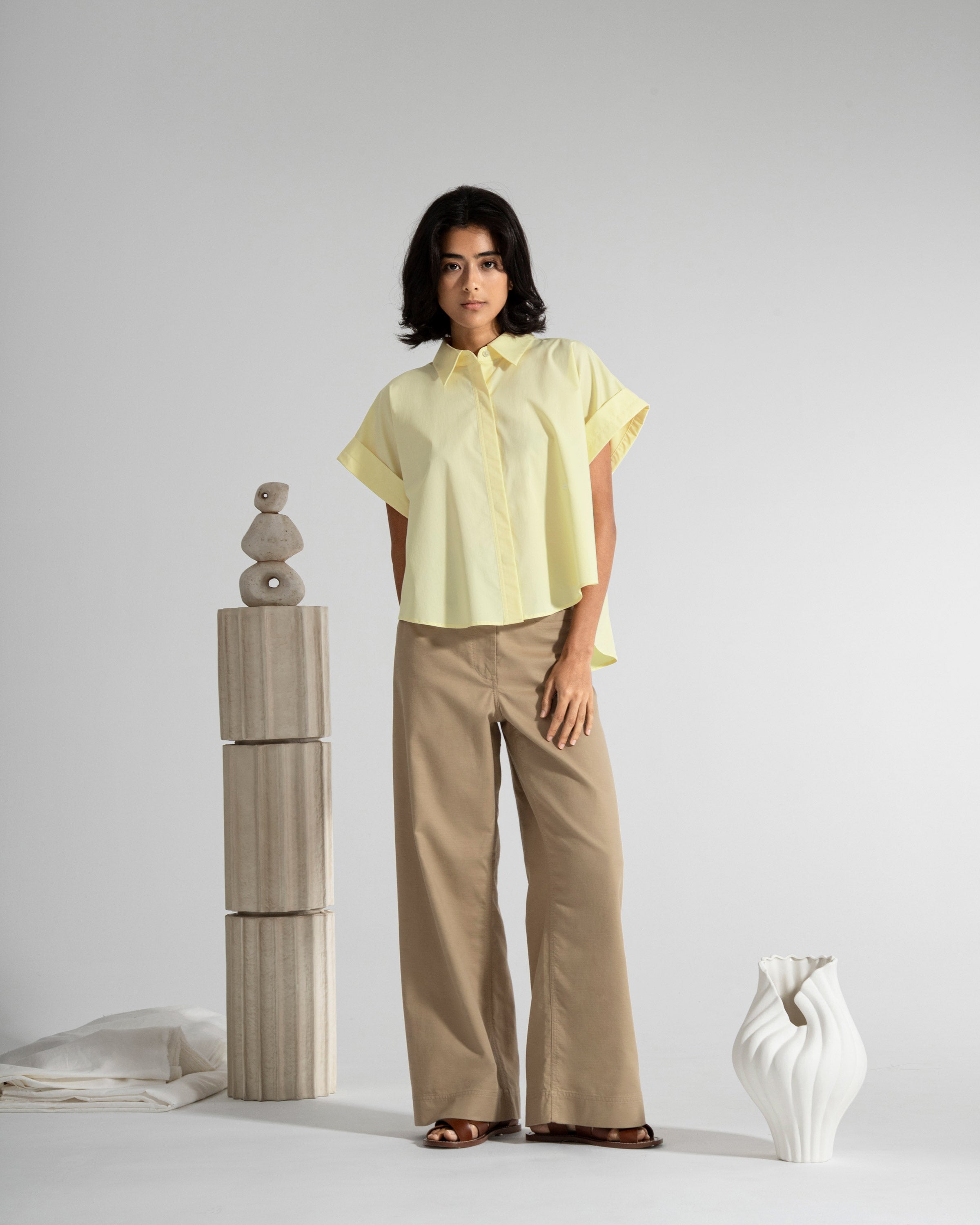 Lemonade Back Slit SS Shirt Womens Button Up Collared Short Sleeve Shirt Woven Womens Tee
