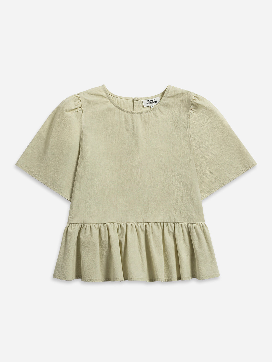 Desert Sage Puff Sleeves Gathered Blouse Womens Short Sleeve Textured Relaxed Womens Blouse