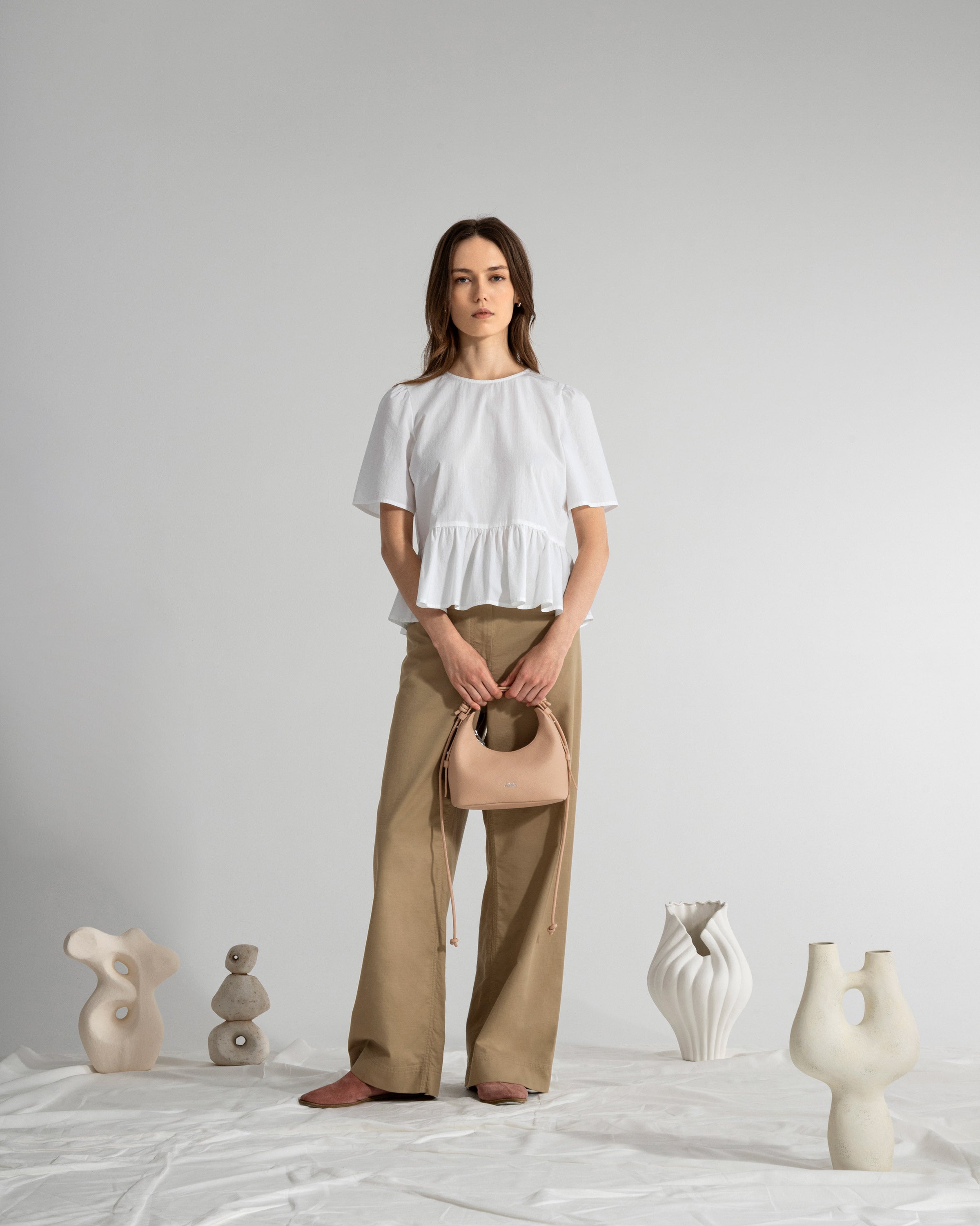 Pure White Puff Sleeves Gathered Blouse Womens Short Sleeve Textured Relaxed Womens Blouse