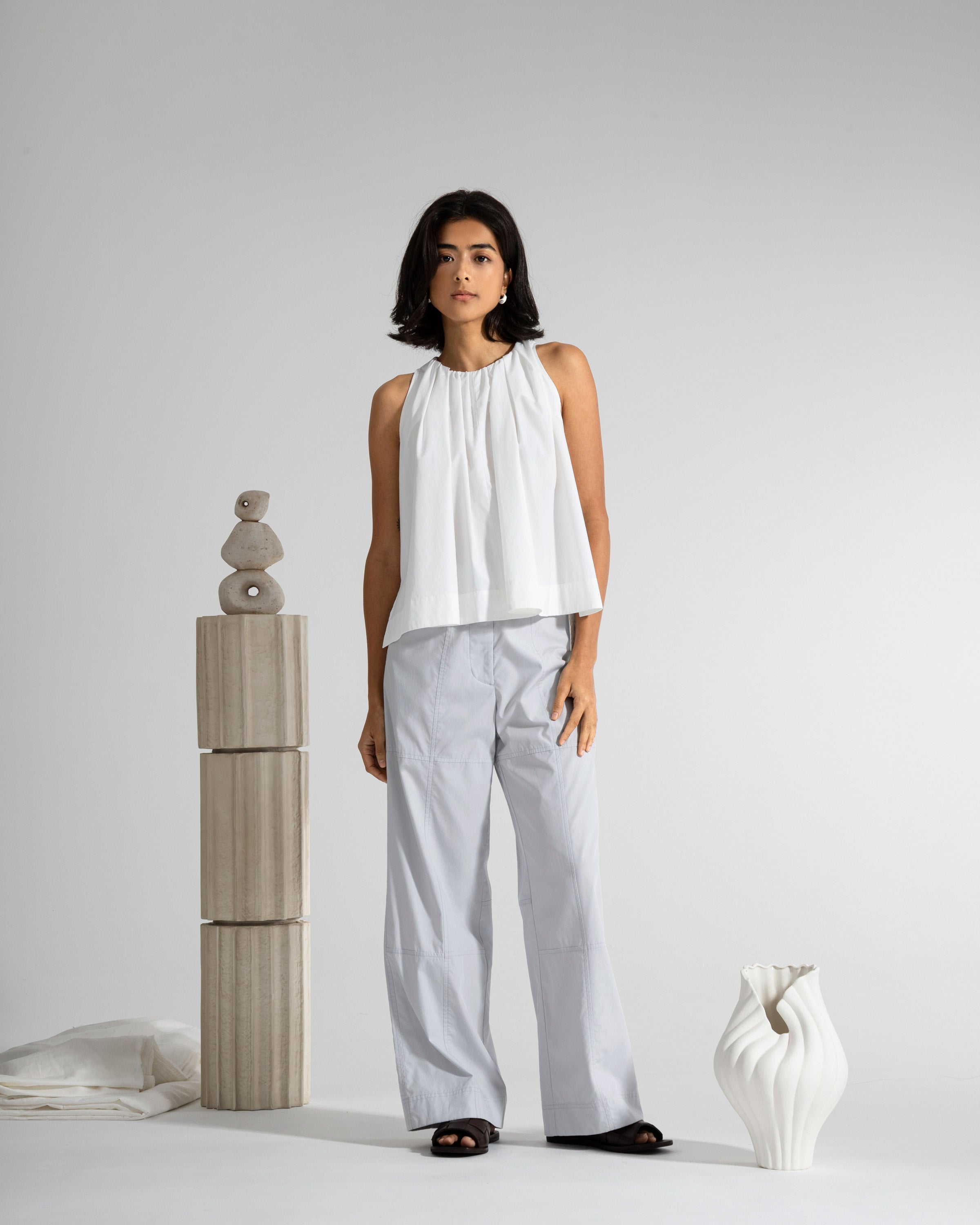 Horizon Blue Patchwork Pants Womens Elastic Waist Wide Leg Light Pants