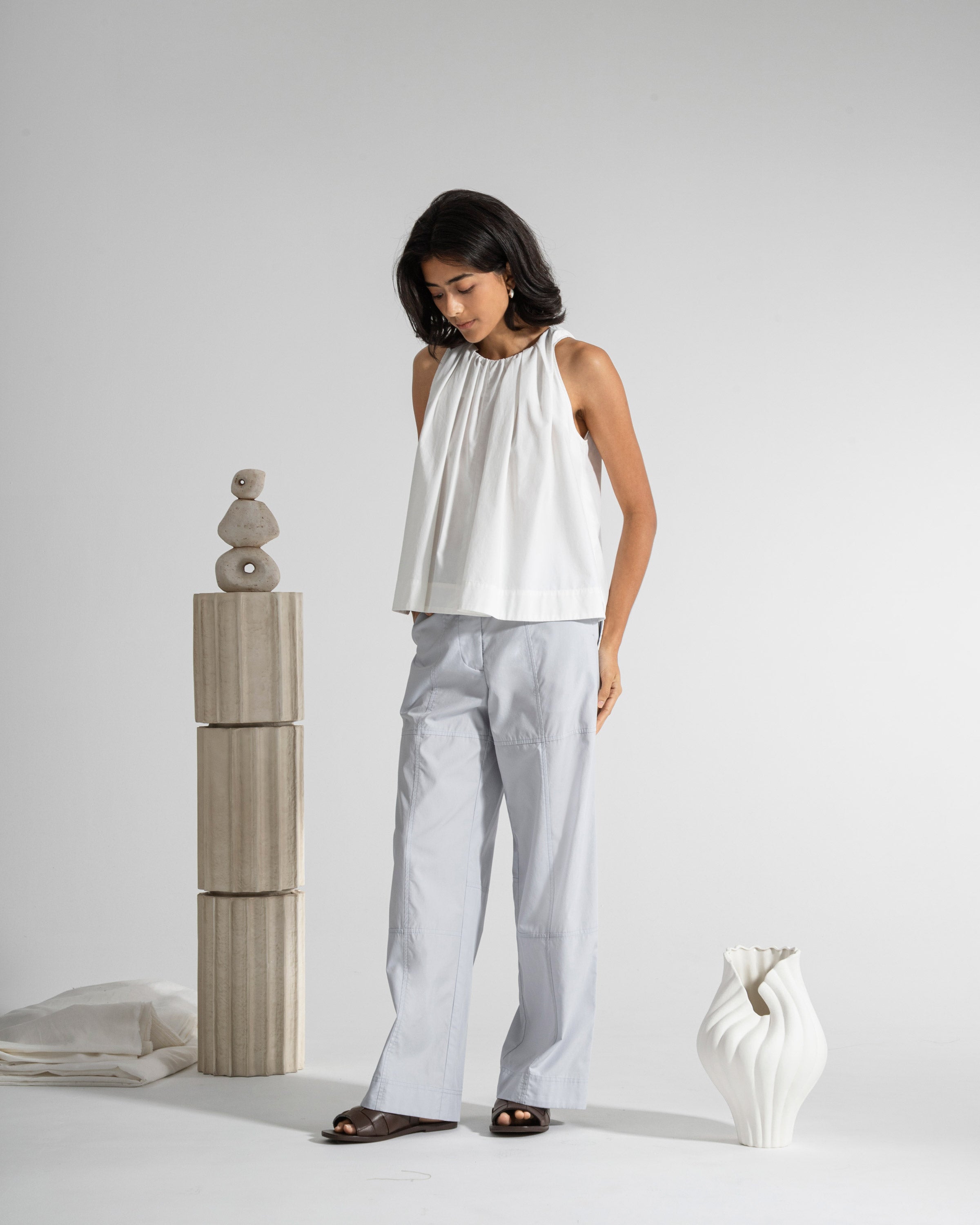 Horizon Blue Patchwork Pants Womens Elastic Waist Wide Leg Light Pants