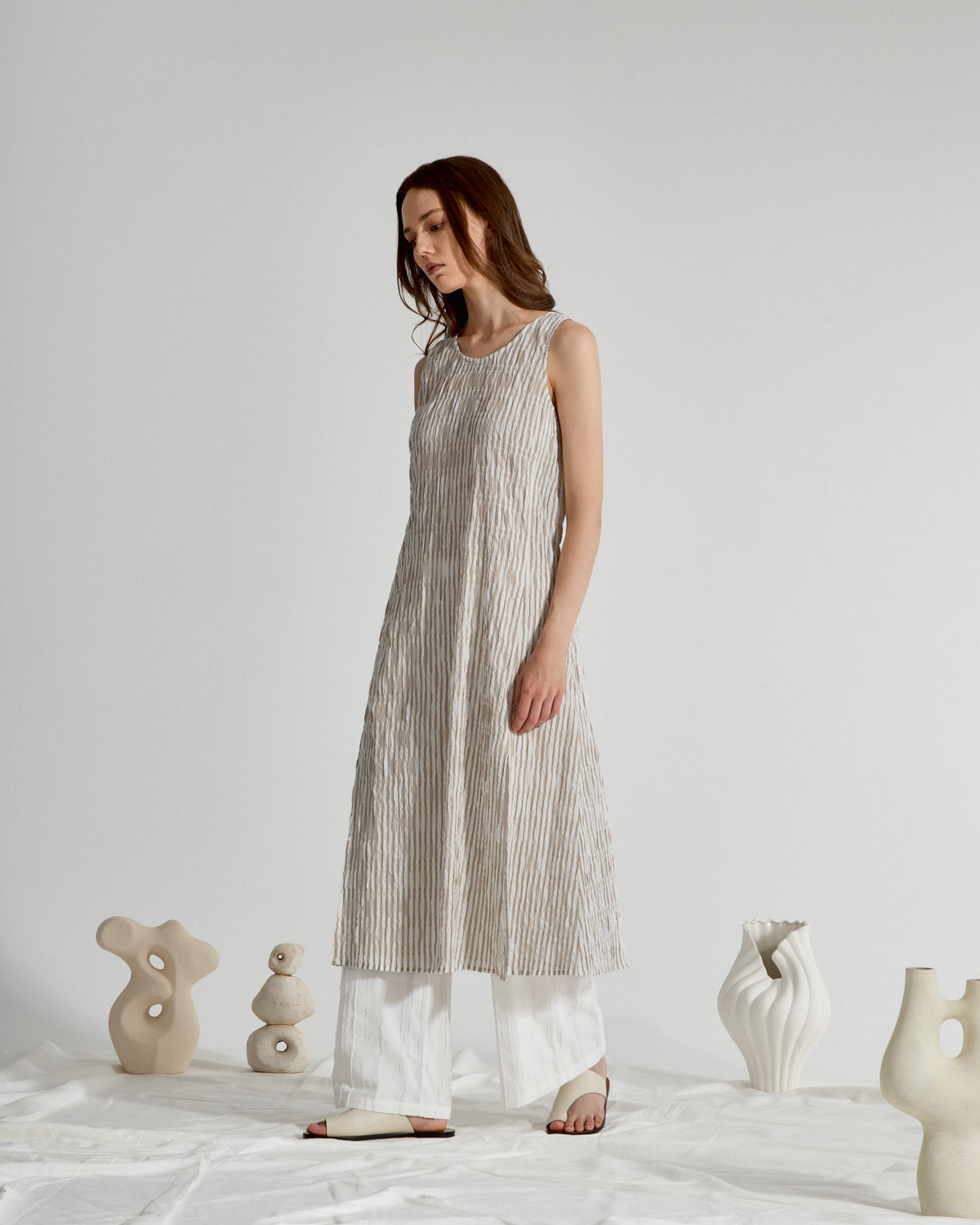 Seedpearl/Desert Sand Stripe Striped Slit Dress Womens Brown Long Dress Sleeveless Striped