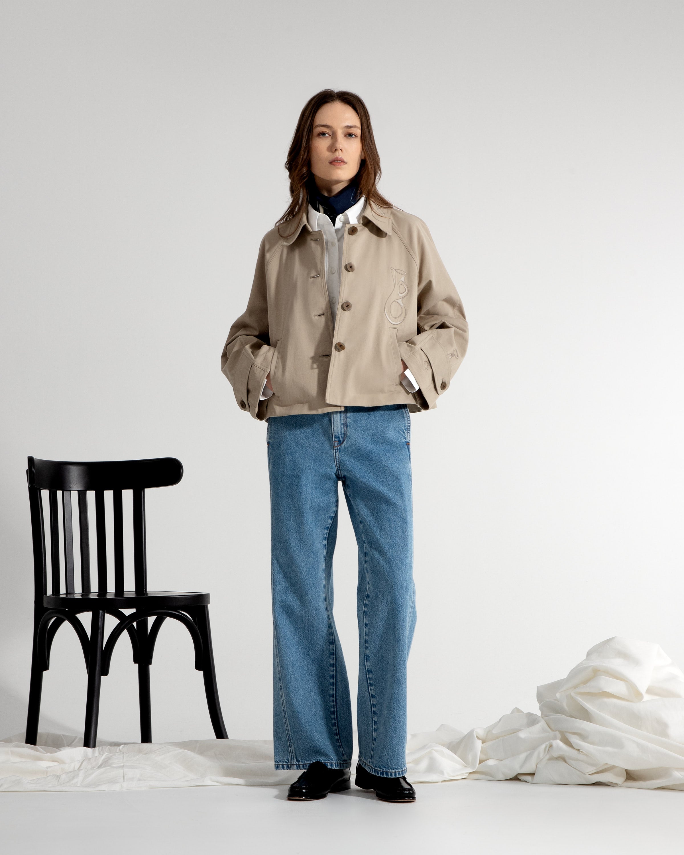 Desert Sage Oeuvres Embroidery Jacket Womens Embroidered Jacket Cropped Puff Sleeve Collared Lightweight Jacket