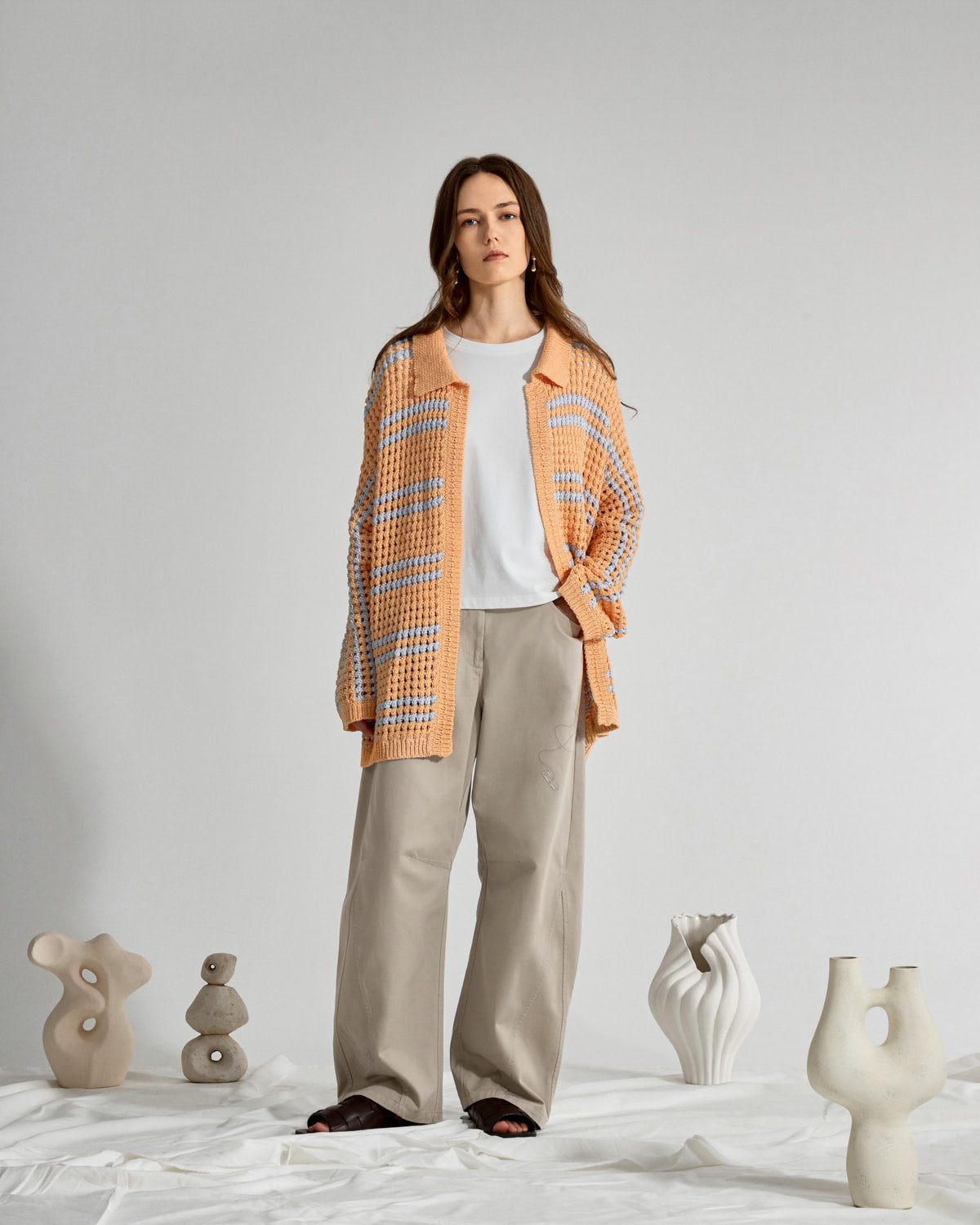 Apricot Stripe Striped Cocoon Cardigan Womens Knit Collared Light Cardigan Striped Pattern