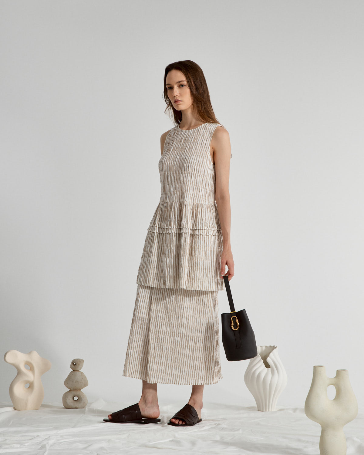 Seedpearl/Desert Sand Stripe Striped Overlap Skirt Womens Long Lightweight Brown Striped Skirt