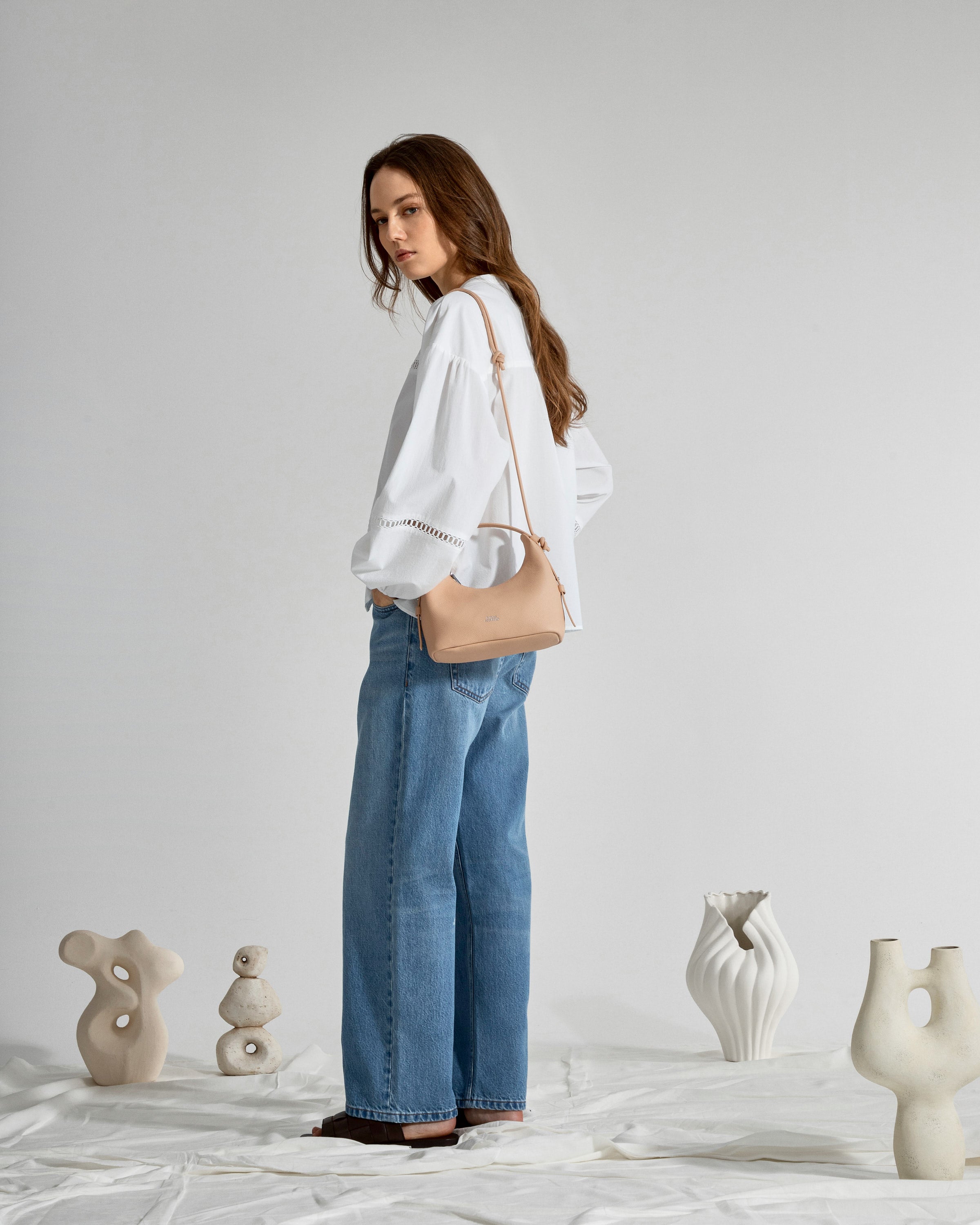 Pure White Band Collar Stencils Shirt Womens Relaxed Fit Band Collar Woven Button Up Shirt