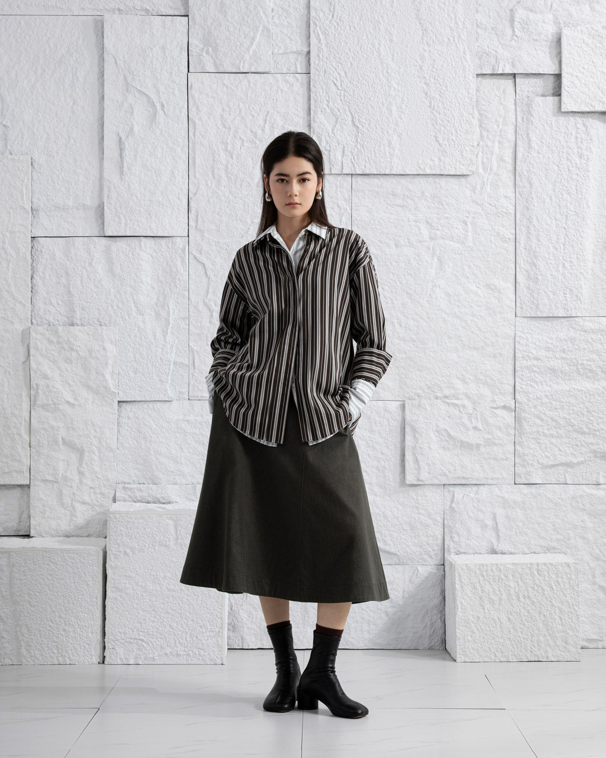 Dk Cedar/ Aquamarine Stripe Striped Back Slit Shirt Womens Long Striped Button Up Shirt Relaxed Fit Layering Dress Shirt