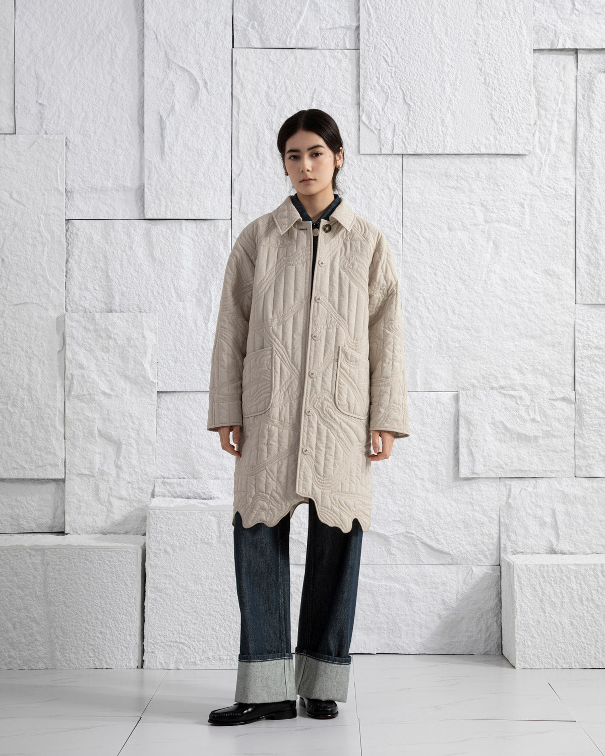 Oatmeal Marble Quilted Coat Womens Long Coat Collared Button Up Outerwear Jacket Womens Patterned Quilted Coat