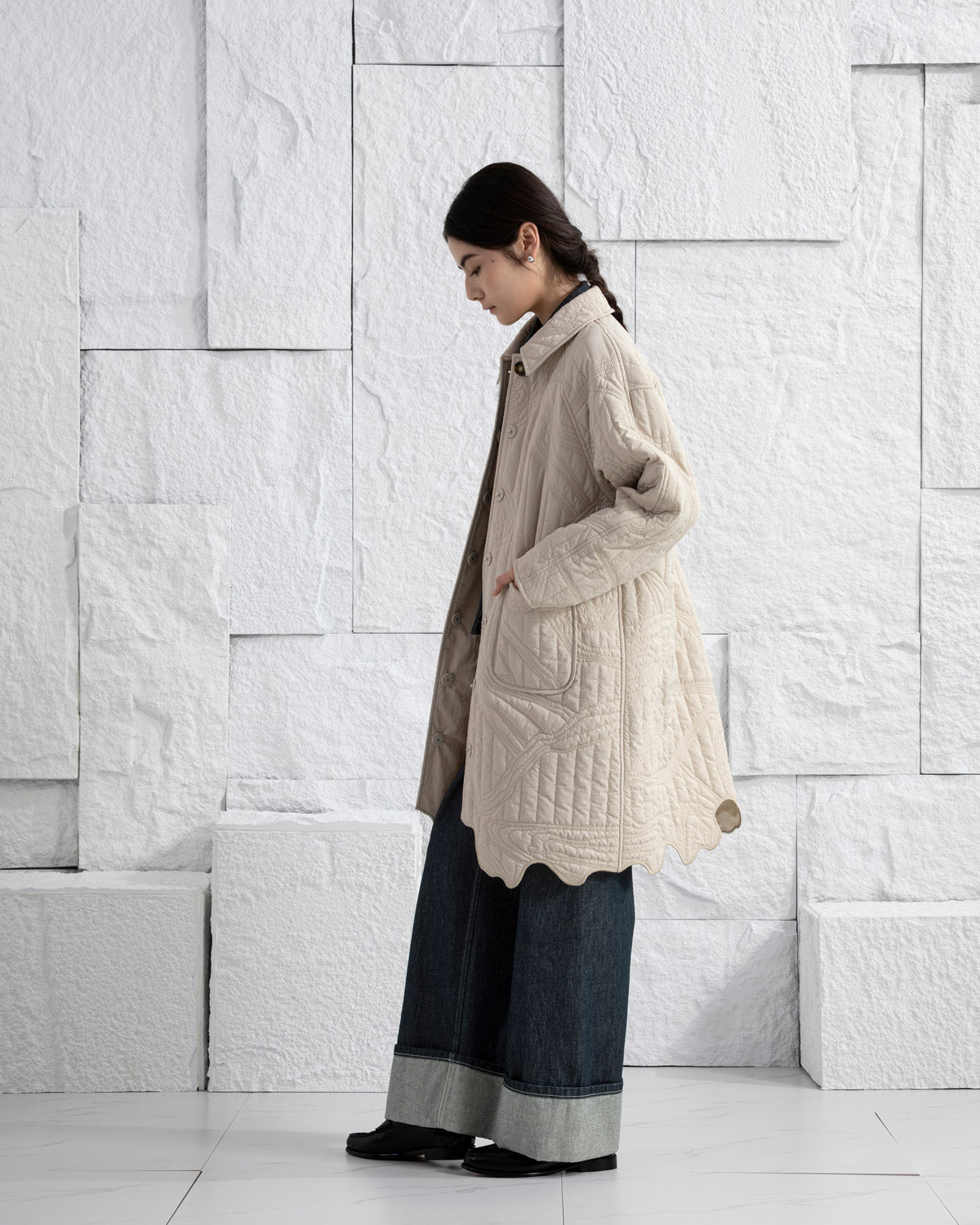 Oatmeal Marble Quilted Coat Womens Long Coat Collared Button Up Outerwear Jacket Womens Patterned Quilted Coat