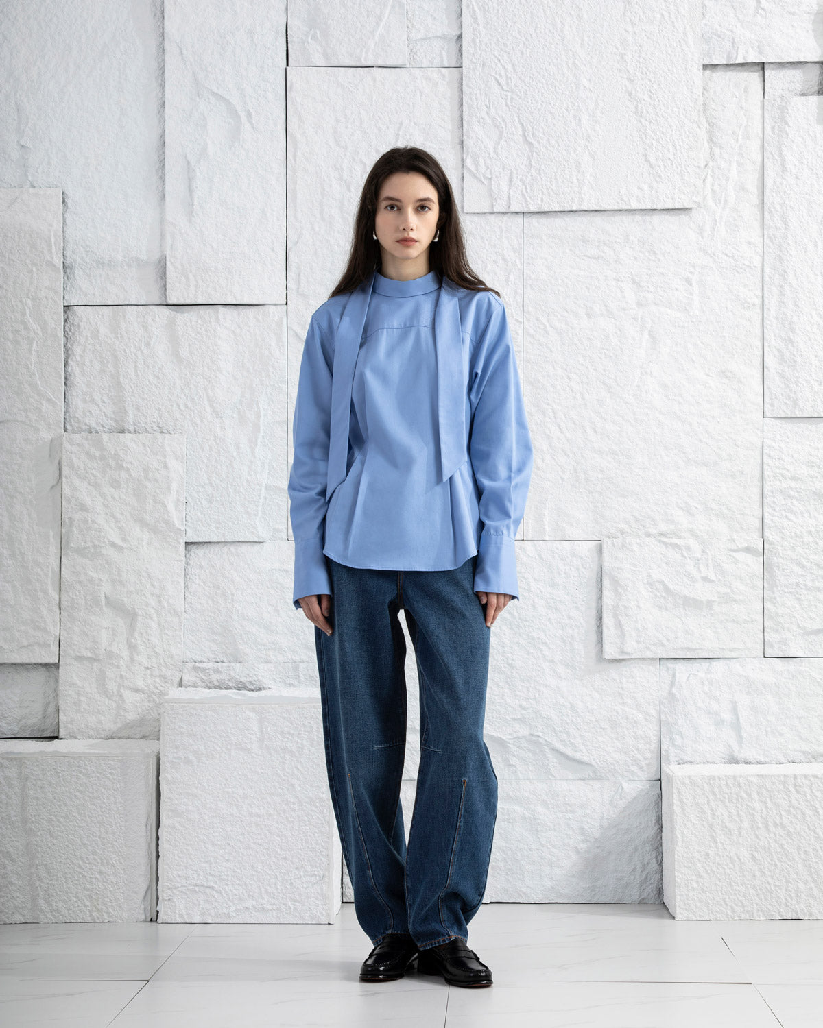 Aquamarine Scarf-Detailed Top Womens Woven Pullover Shirt Long Sleeve Shirt Scarf Detail