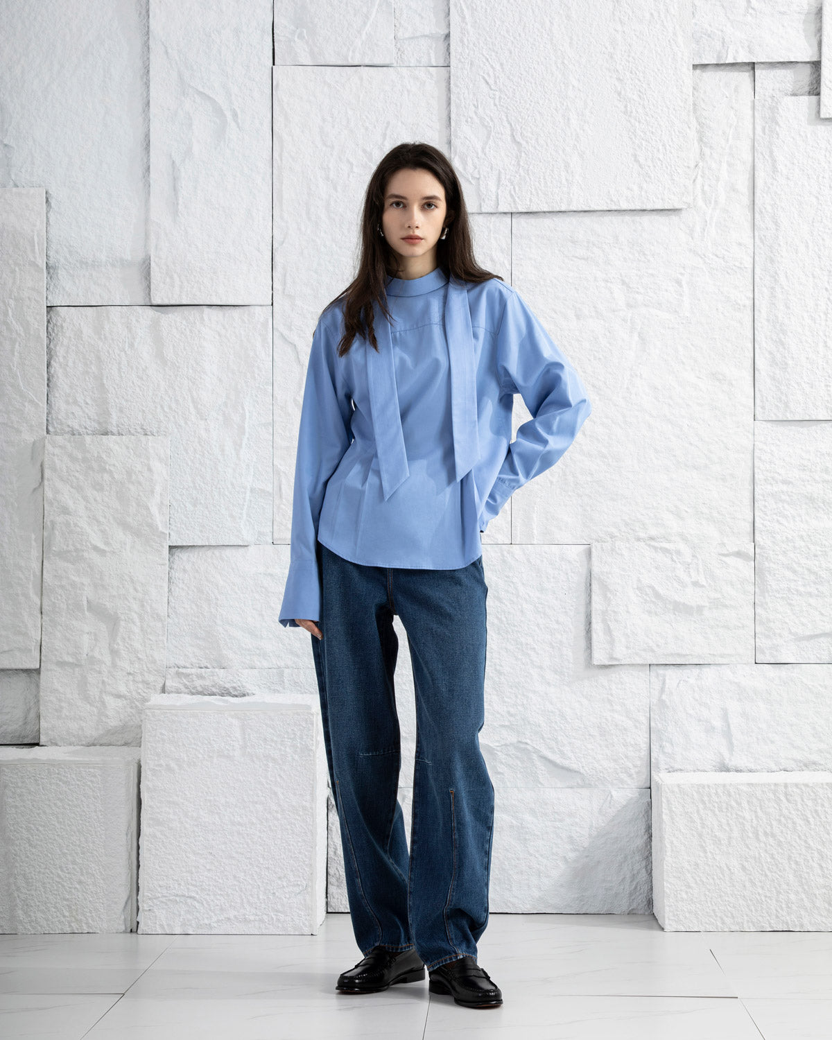 Aquamarine Scarf-Detailed Top Womens Woven Pullover Shirt Long Sleeve Shirt Scarf Detail