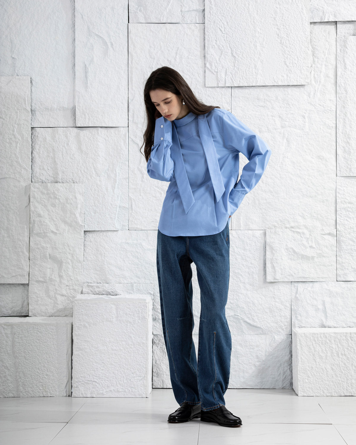 Aquamarine Scarf-Detailed Top Womens Woven Pullover Shirt Long Sleeve Shirt Scarf Detail