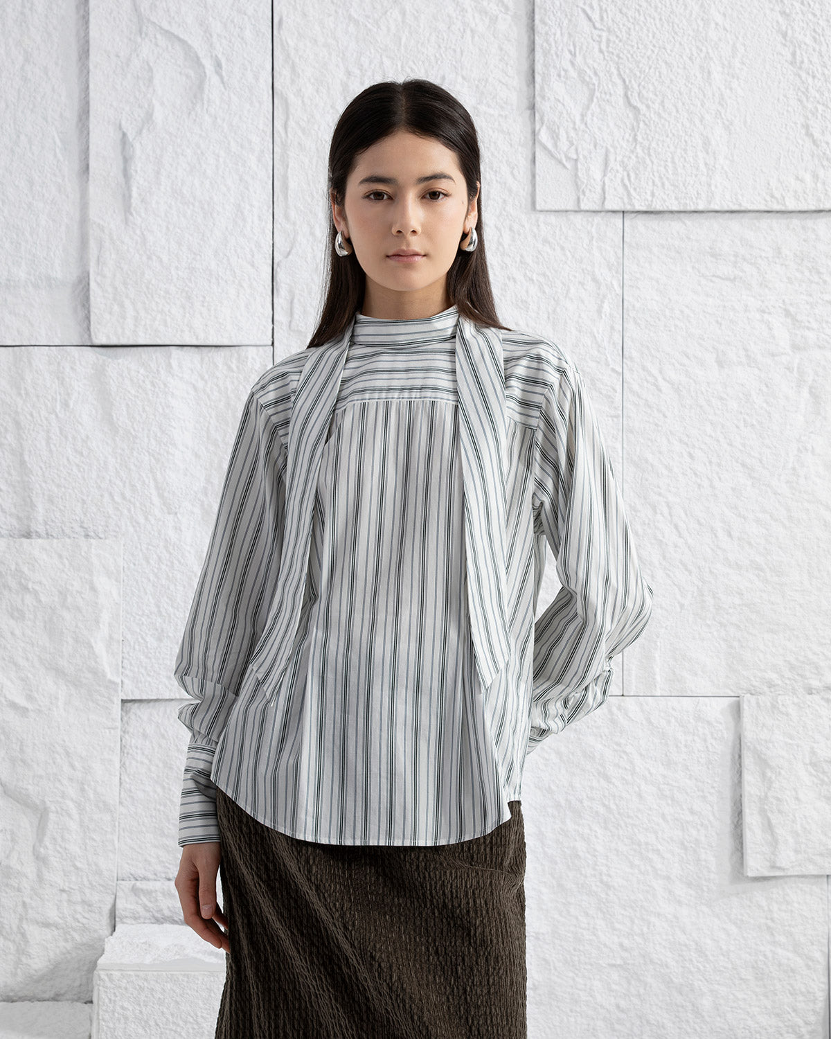 Offwhite/ Icelandic Purple Stripe Striped Scarf-Detailed Top Womens Striped Relaxed Fitting Oversized Shirt Woven Pullover Shirt Scarf Feature