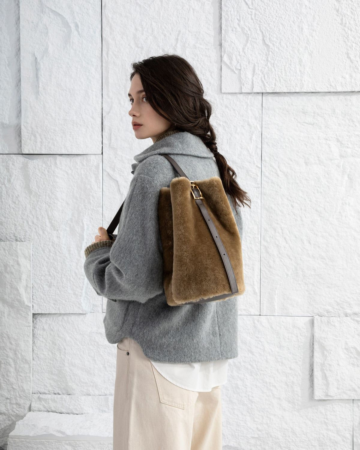Lead Grey X Shearling Medium Sheep Convertible Bucket Womens Sheepskin Leather Bucket Back Medium Size Shoulder Bag