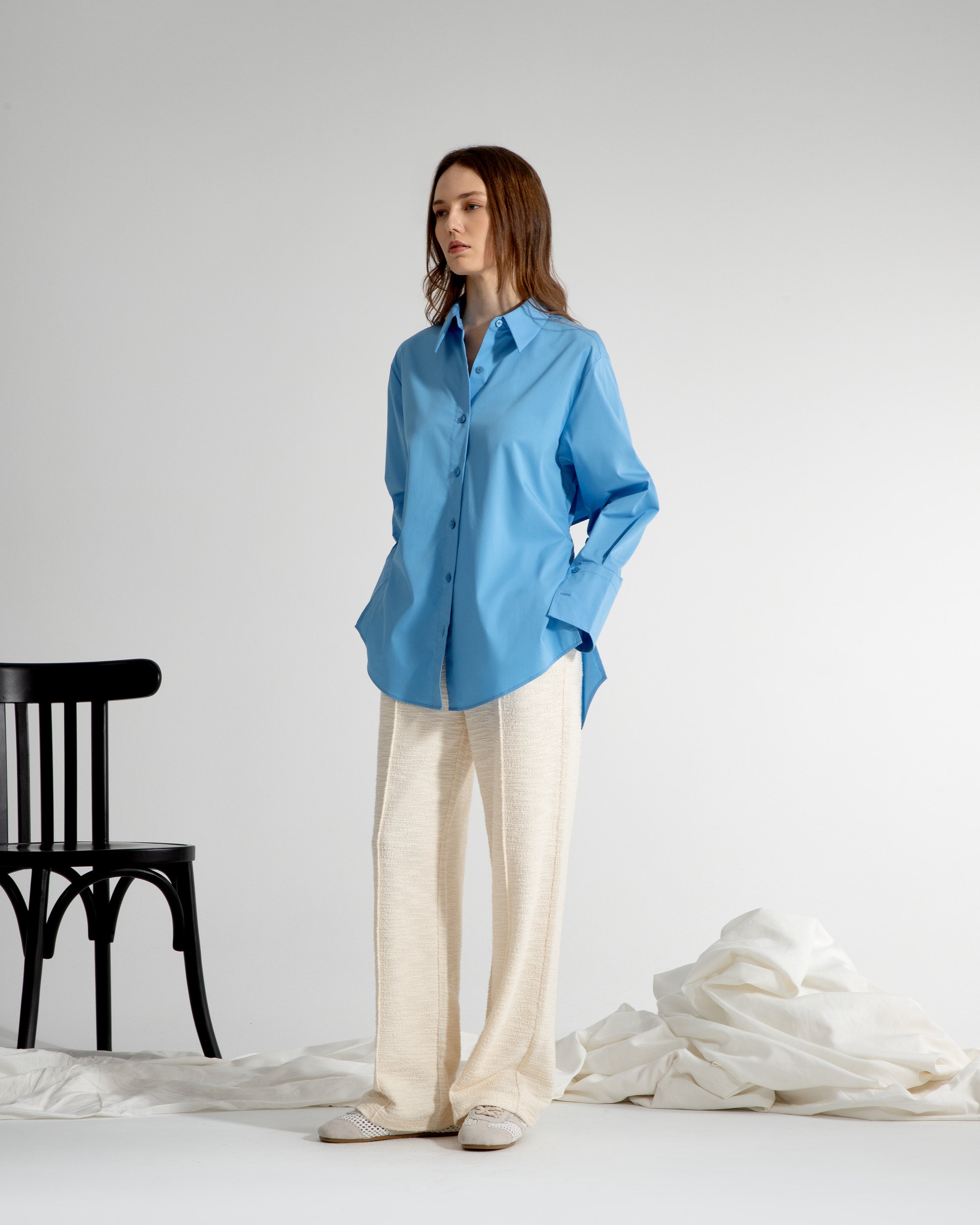 Brilliant Blue Folded Open Back Shirt Womens Oversize Long Sleeve Button Up Shirt Womens Casual Dress Shirt Collared
