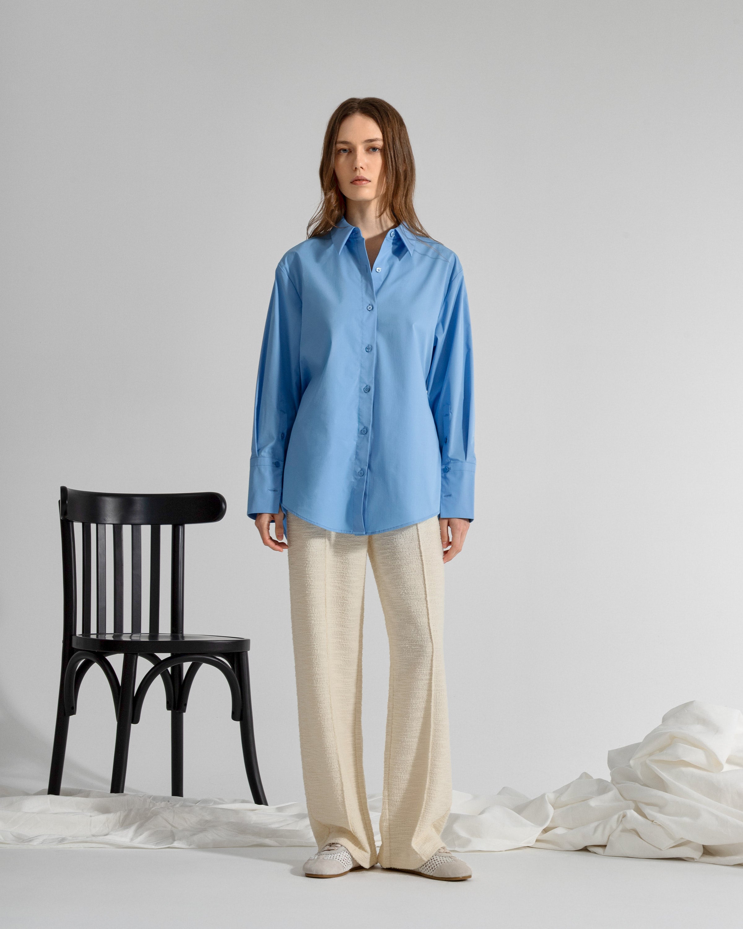 Brilliant Blue Folded Open Back Shirt Womens Oversize Long Sleeve Button Up Shirt Womens Casual Dress Shirt Collared