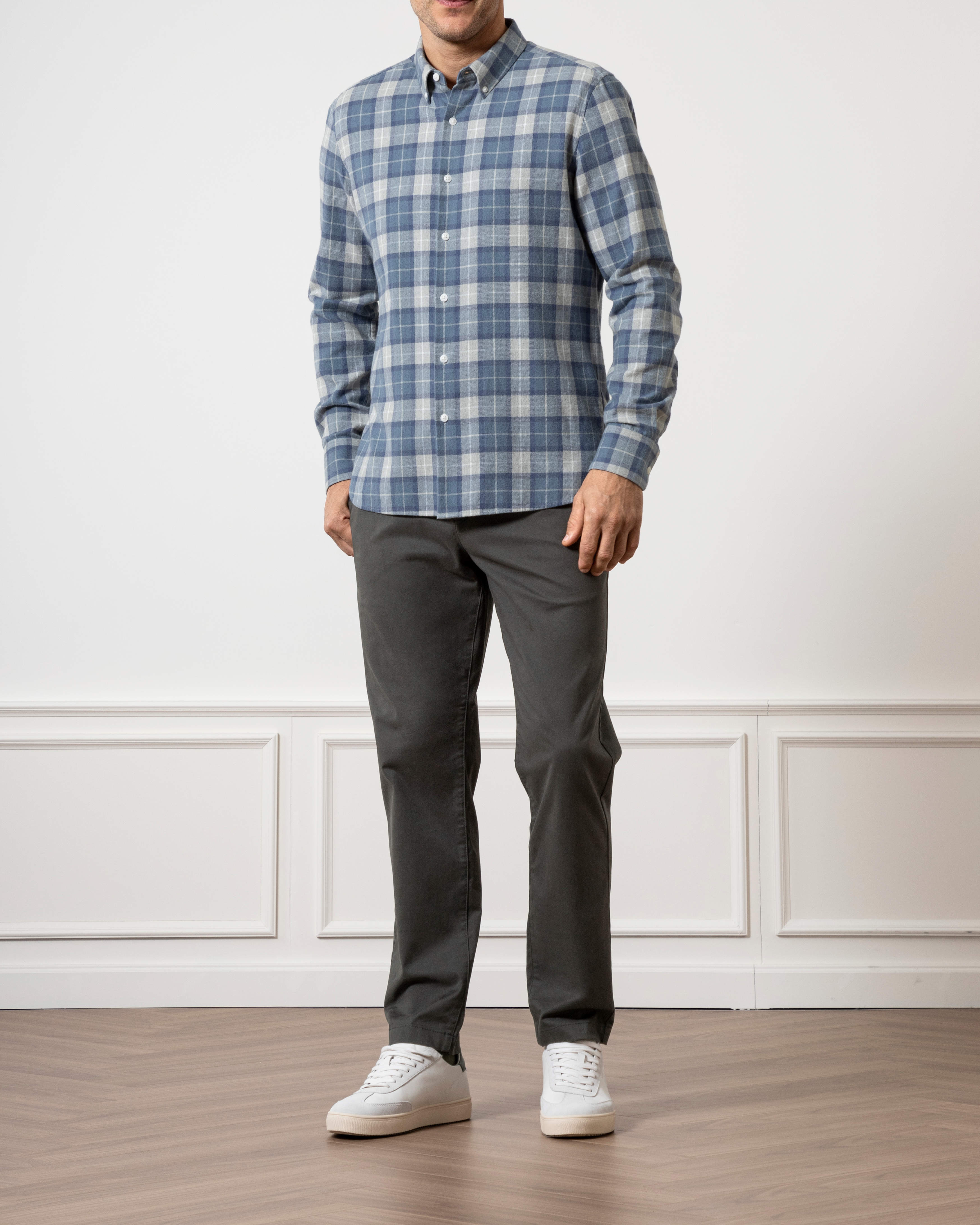 Lt Grey/Mid Blue Check Fulton Flannel Check Shirt Mens Flannel Button Down Shirt Checkered Pattern