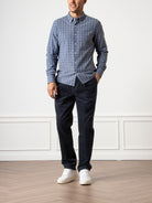 Mid Blue Heather/White Check Fulton Heather Windowpane Shirt Mens Checkered Button Down Shirt Casual Work Shirt