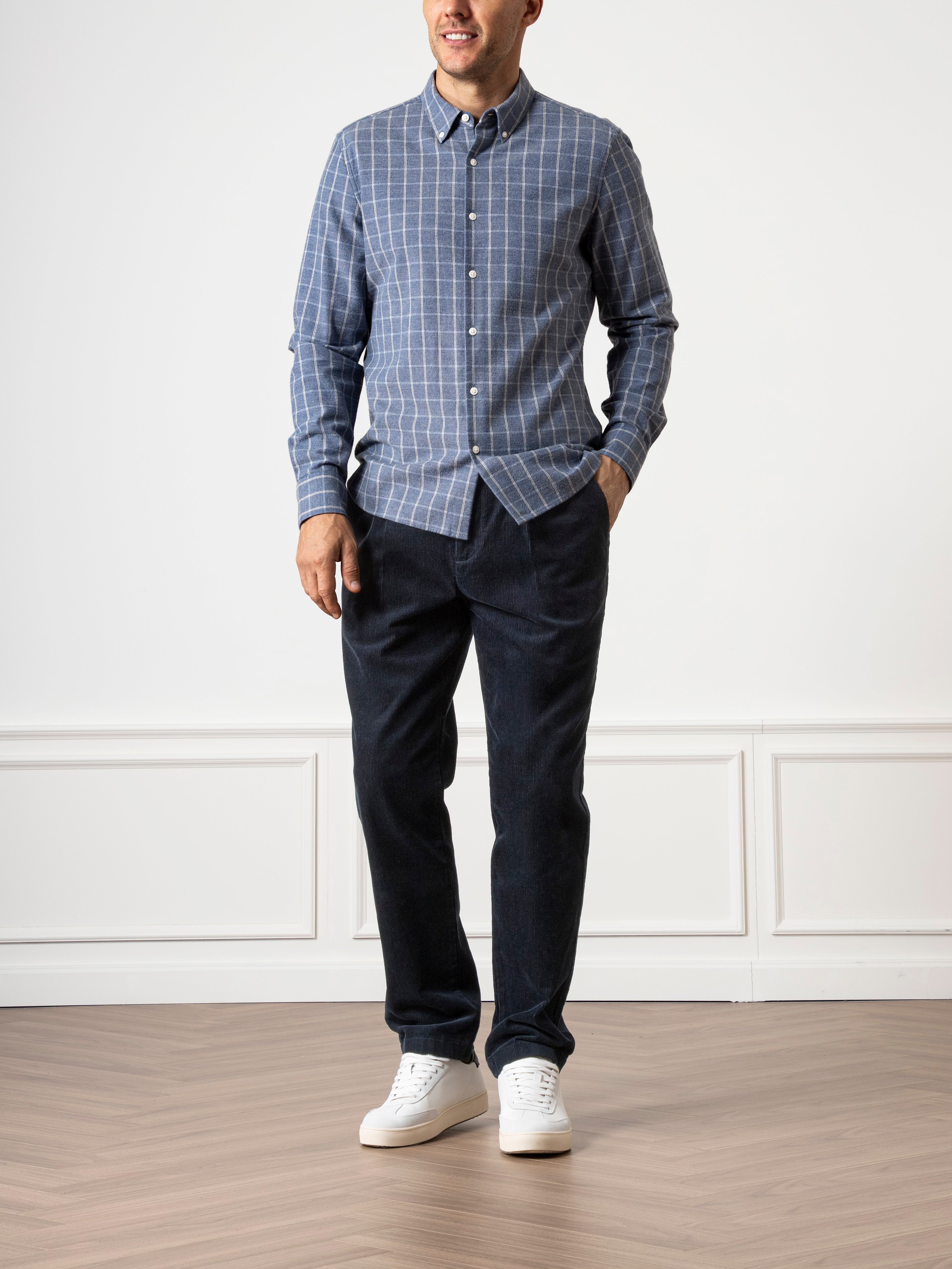 Mid Blue Heather/White Check Fulton Heather Windowpane Shirt Mens Checkered Button Down Shirt Casual Work Shirt