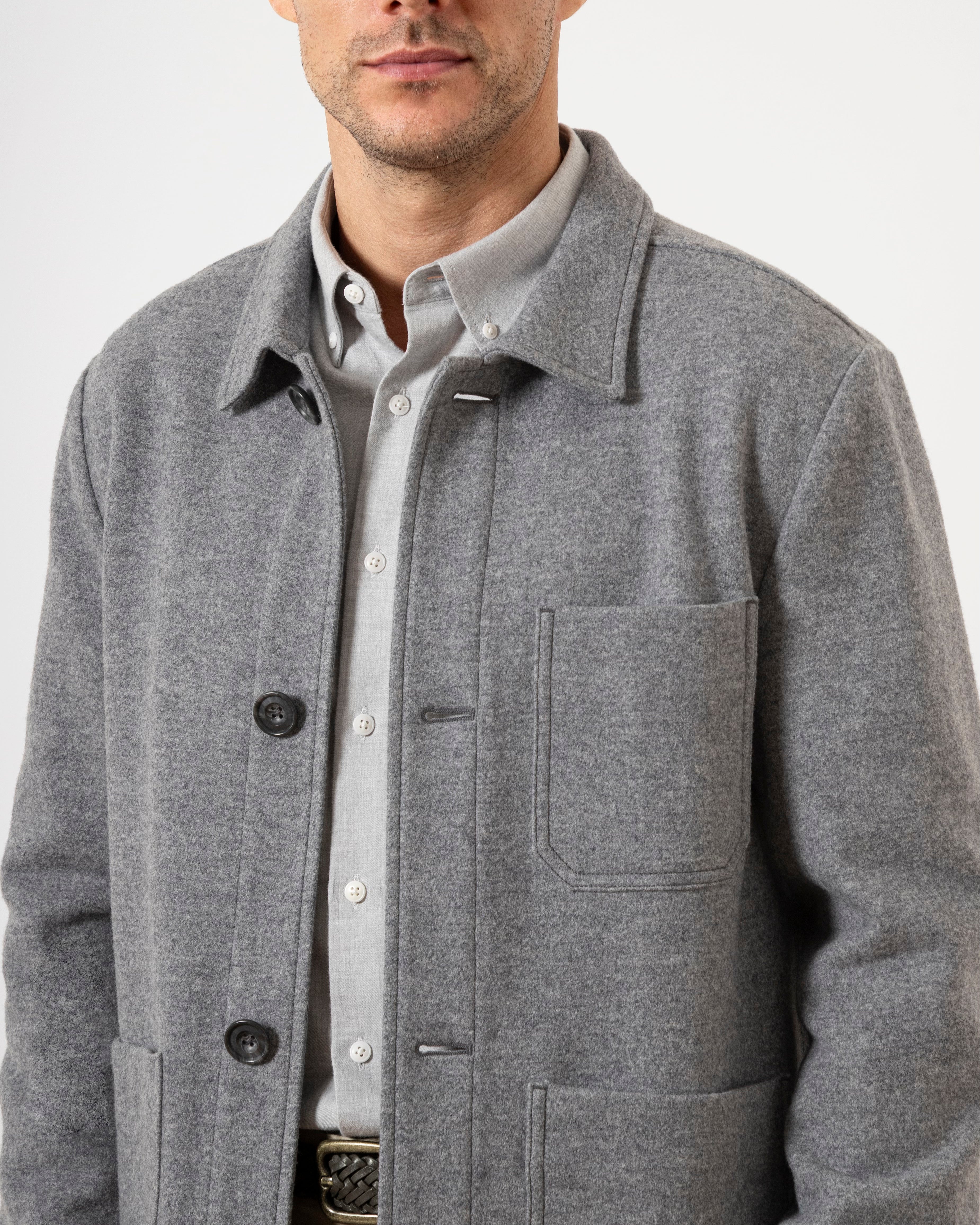 Grey Heather Remi Wool Jacket Mens Button Up Collared Shirt Jacket Layering Overshirt Chore Jacket