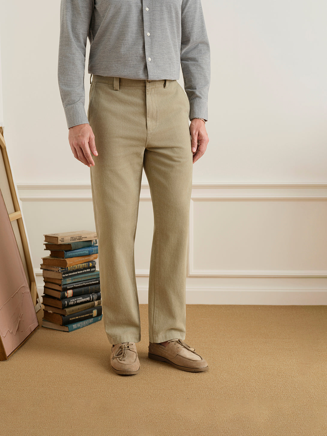Khaki Wythe Brushed Cotton Trousers Mens Straight Fit Khaki Trouser Pants ONS Clothing