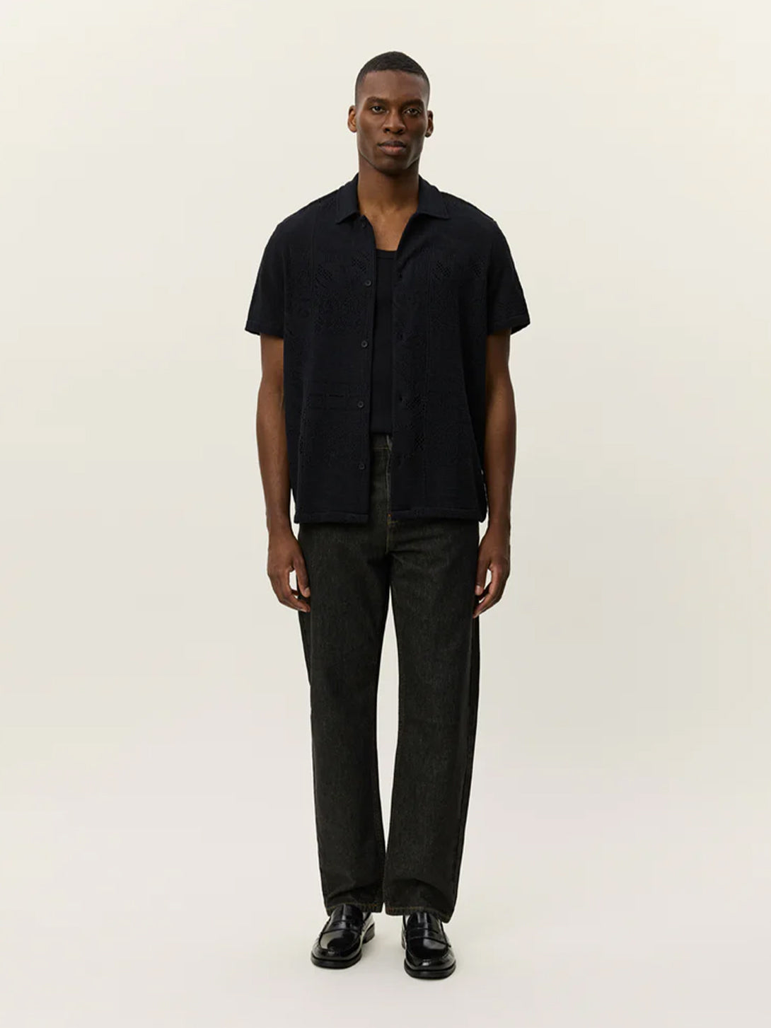 Black Hector Lace SS Shirt Mens Collared Short Sleeve Shirt Les Deux