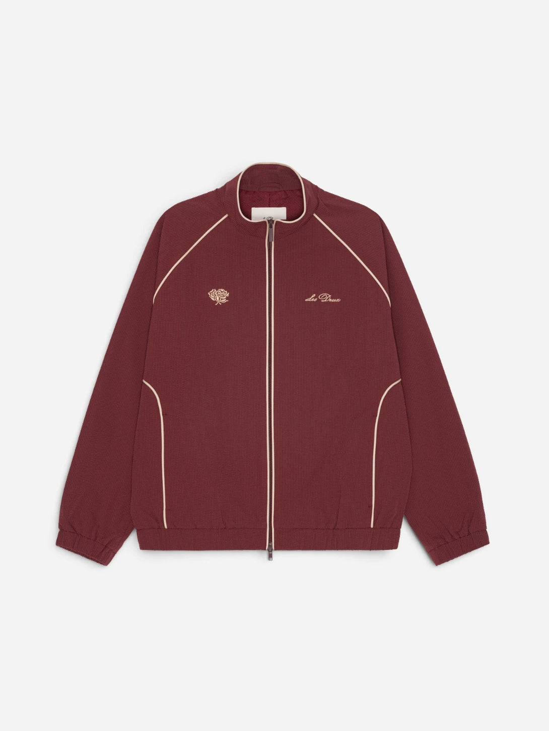 Chocolate Truffle Red Seersucker Track Jacket Mens Zip Up Jacket Les Deux 
