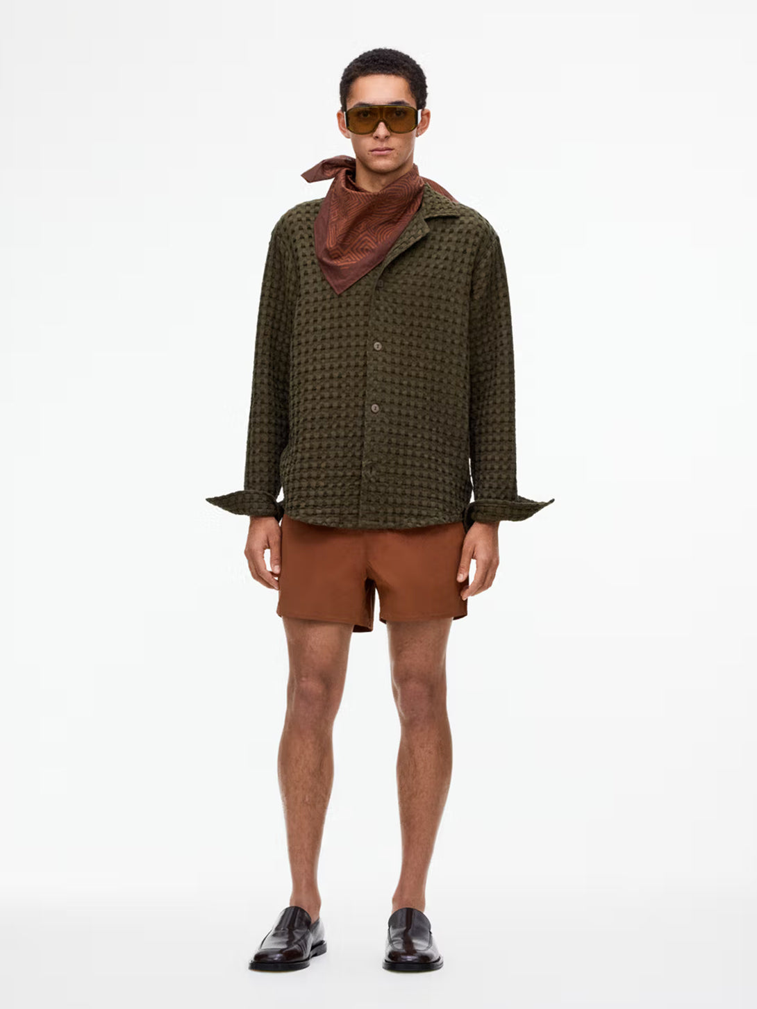 Olive Turtle Waffle Cuba Long Sleeve Mens Waffle Knit Camp Collar Shirt OAS