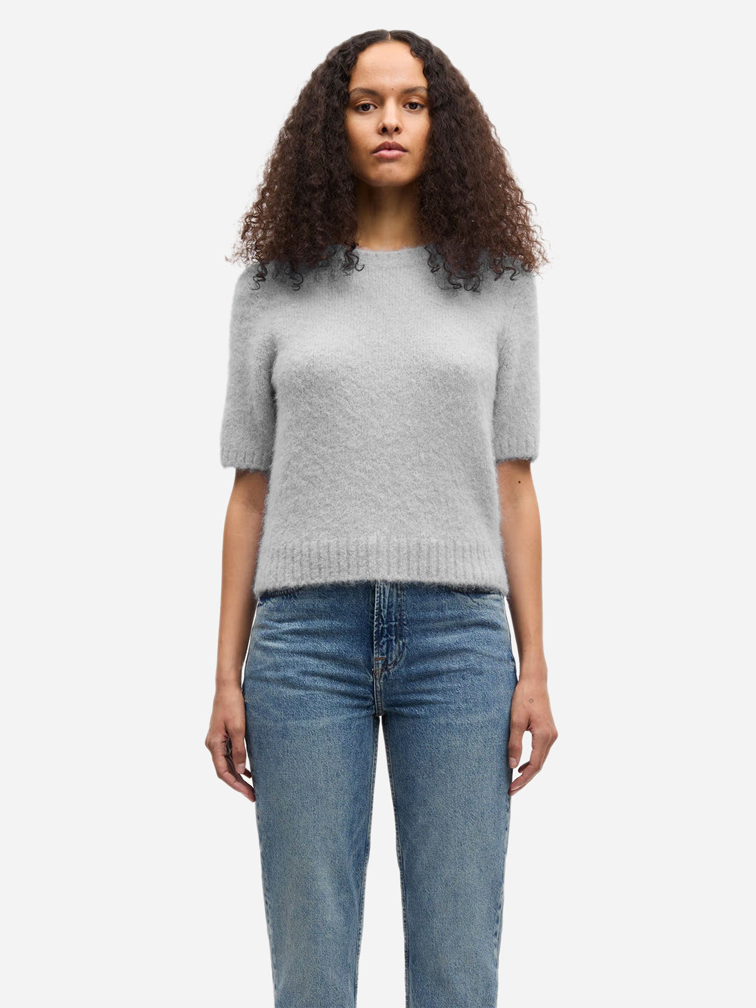 Light Grey Mel Sajeanne Top Womens Alpaca Short Sleeve Crewneck Top Samsoe Samsoe 