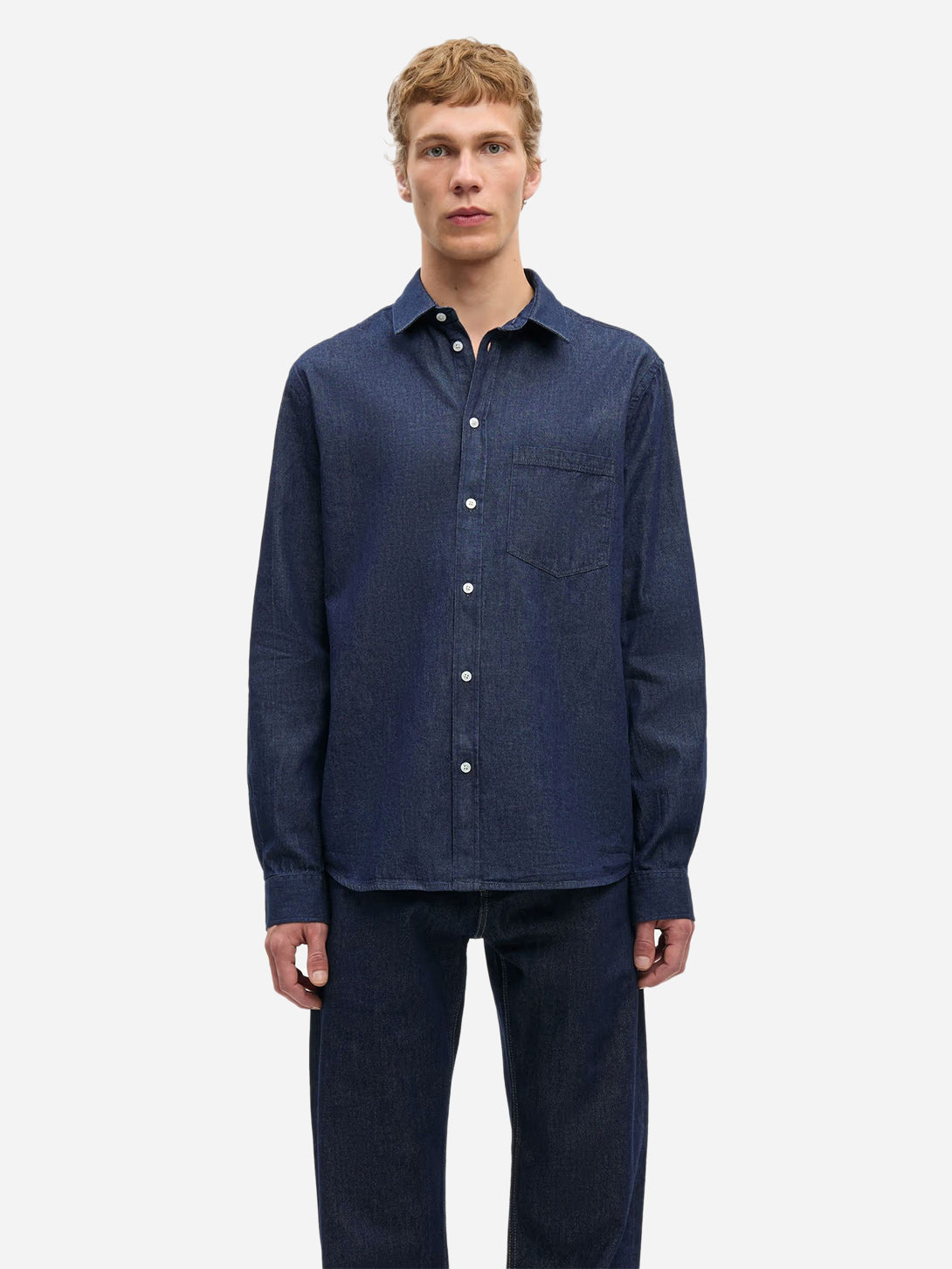 Salute Saryan P Shirt Mens Button Up Collared Indigo Denim Shirt Samsoe Samsoe