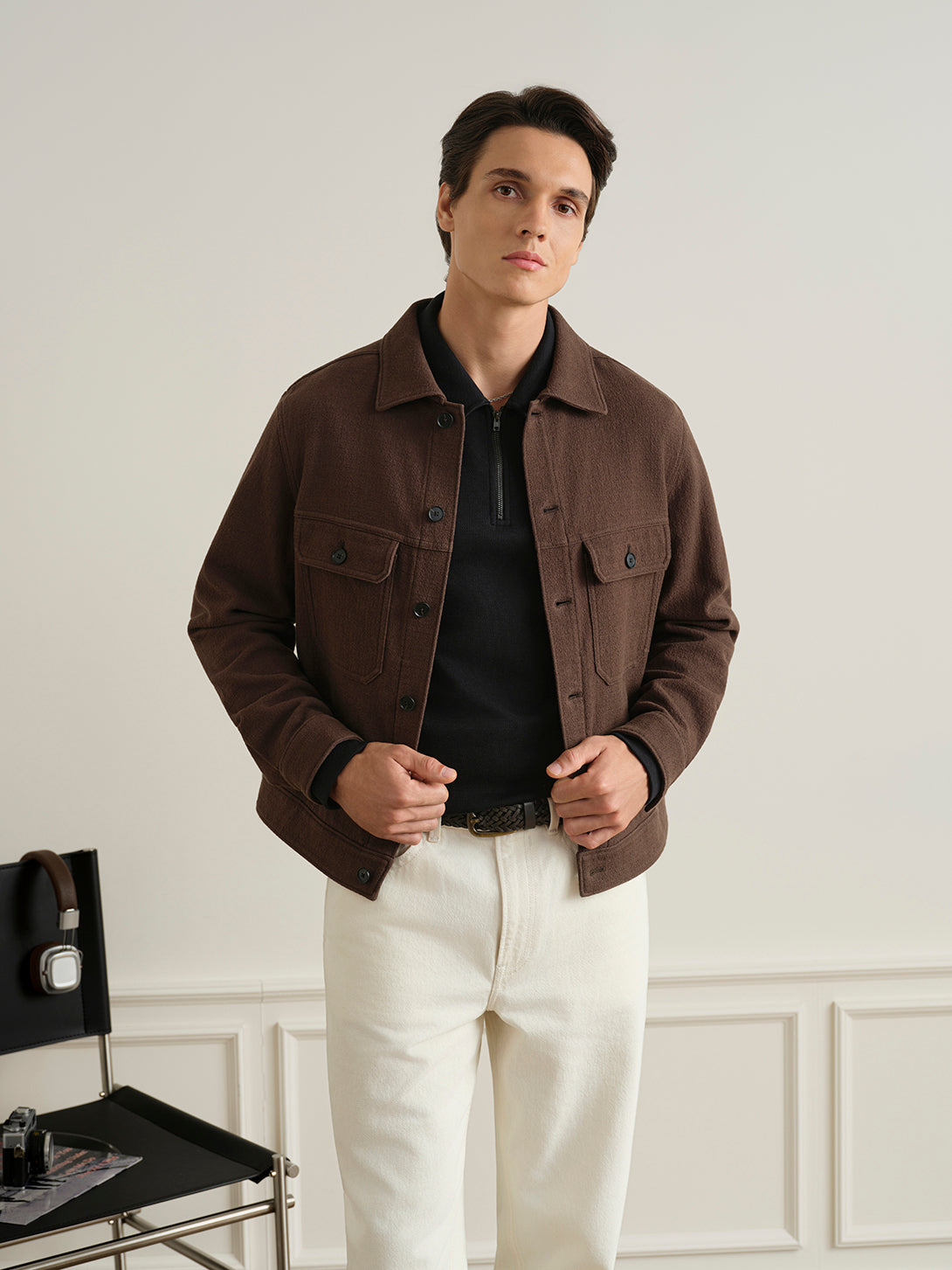Dk Brown Elliot Textured Trucker Jacket Mens Layering Trucker Jacket Brown ONS Clothing