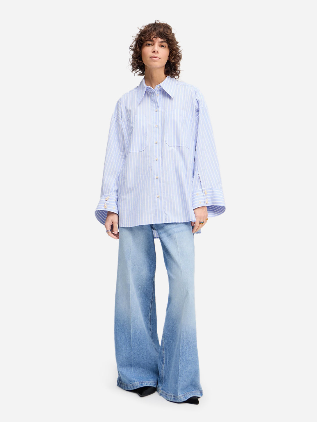 Light Blue Lynne Womens Munthe Striped Overshirt Collared Long Sleeve 